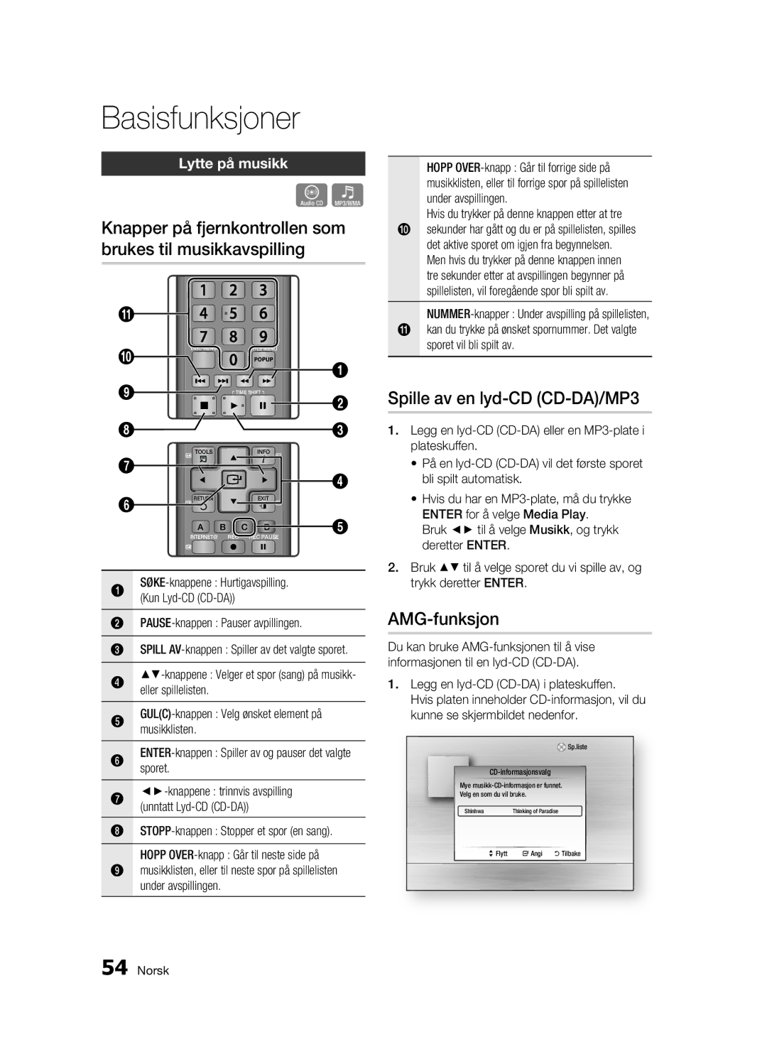 Samsung BD-C8500/XEE manual Knapper på fjernkontrollen som brukes til musikkavspilling, Spille av en lyd-CD CD-DA/MP3 