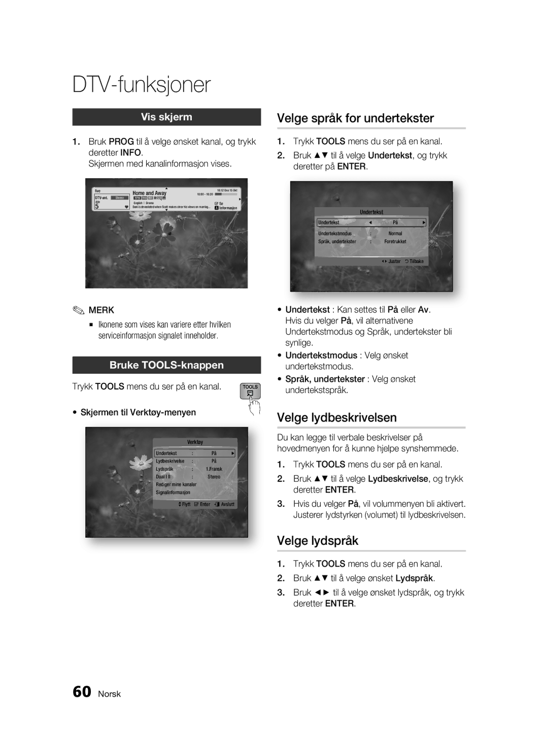 Samsung BD-C8500/XEE, BD-C8200/XEE manual DTV-funksjoner, Velge lydbeskrivelsen, Vis skjerm, Home and Away, Undertekst 