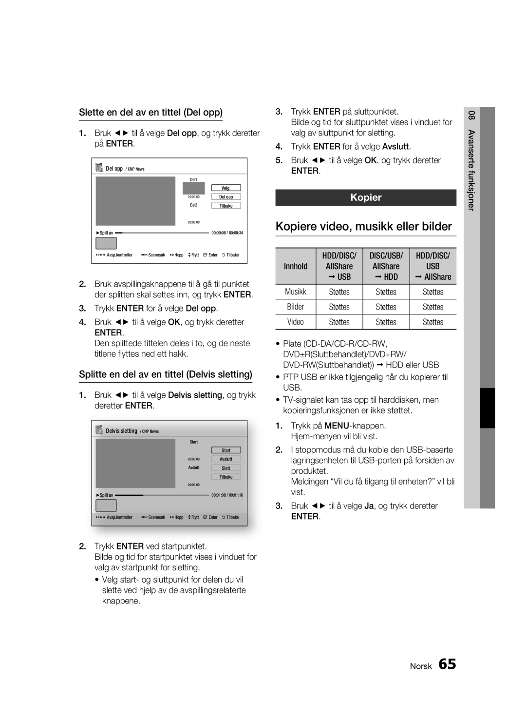 Samsung BD-C8200/XEE, BD-C8500/XEE manual Kopiere video, musikk eller bilder, Slette en del av en tittel Del opp, Usb Hdd 