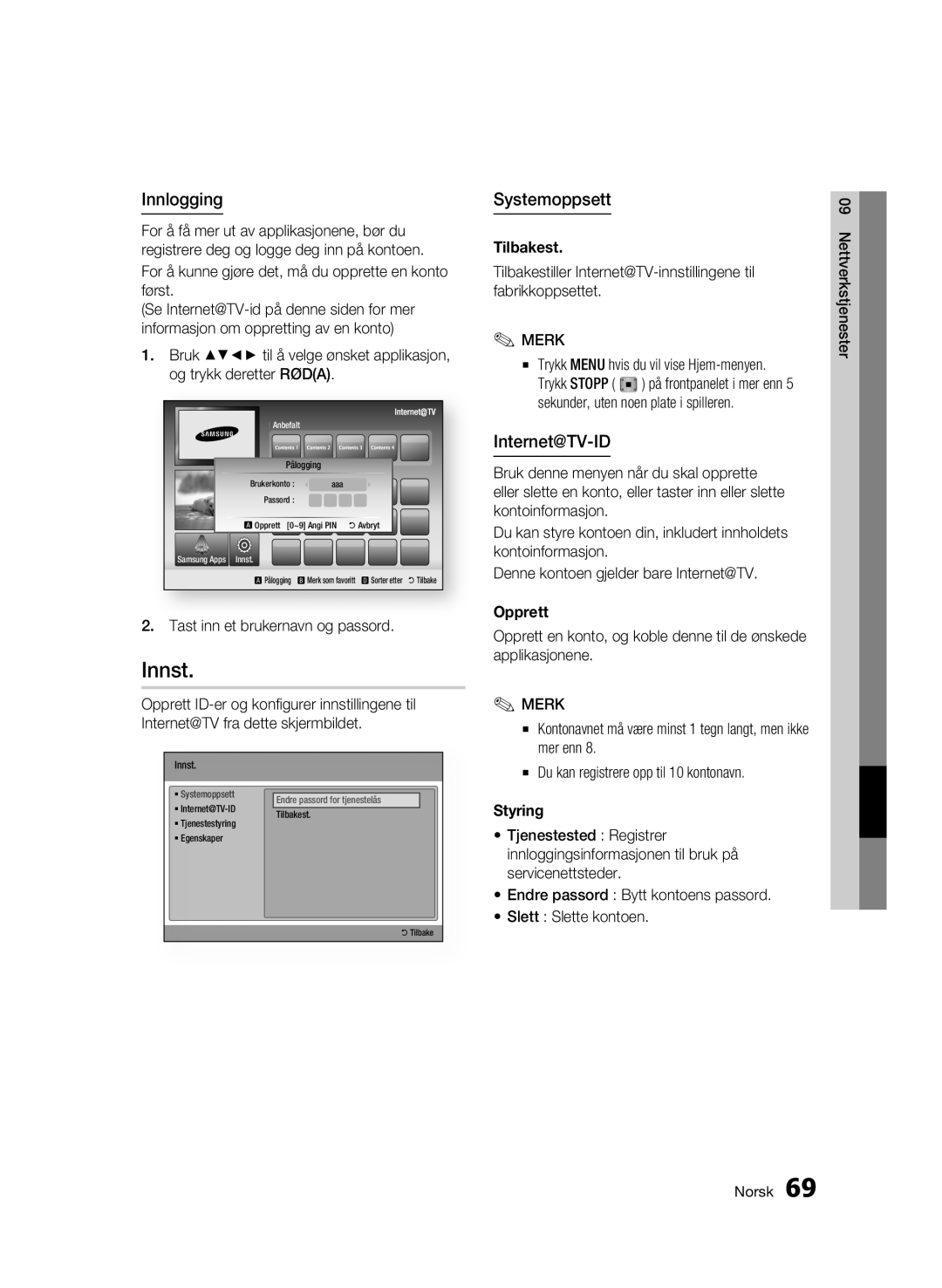 Samsung BD-C8200/XEE, BD-C8500/XEE manual Innst, Innlogging, Systemoppsett, Internet@TV-ID 