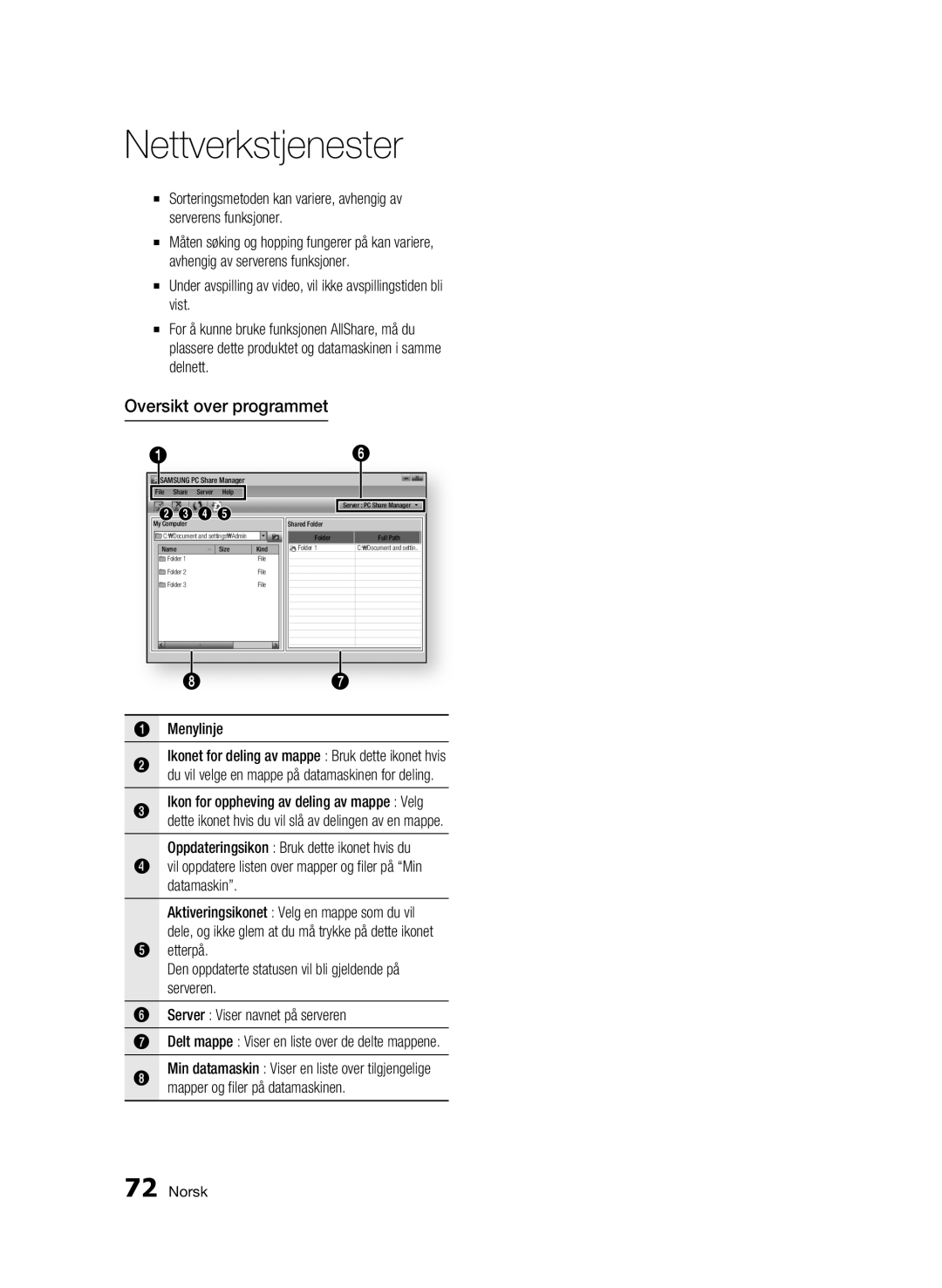 Samsung BD-C8500/XEE, BD-C8200/XEE Oversikt over programmet, Menylinje Ikonet for deling av mappe Bruk dette ikonet hvis 