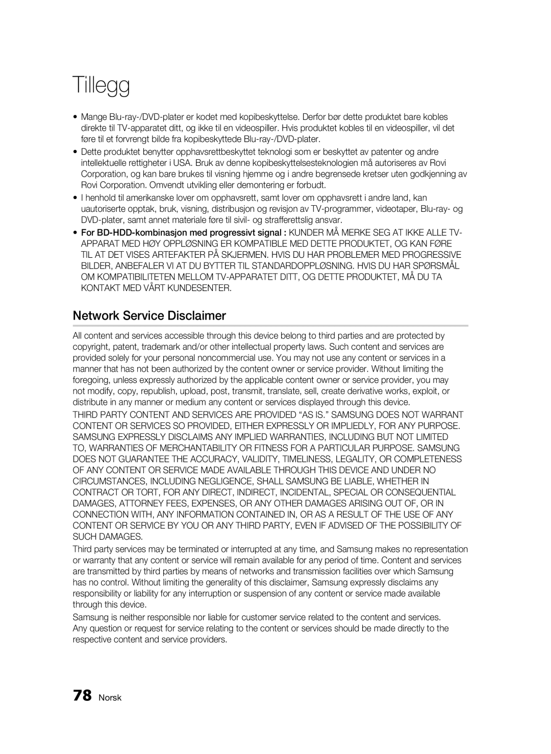 Samsung BD-C8500/XEE, BD-C8200/XEE manual Network Service Disclaimer 