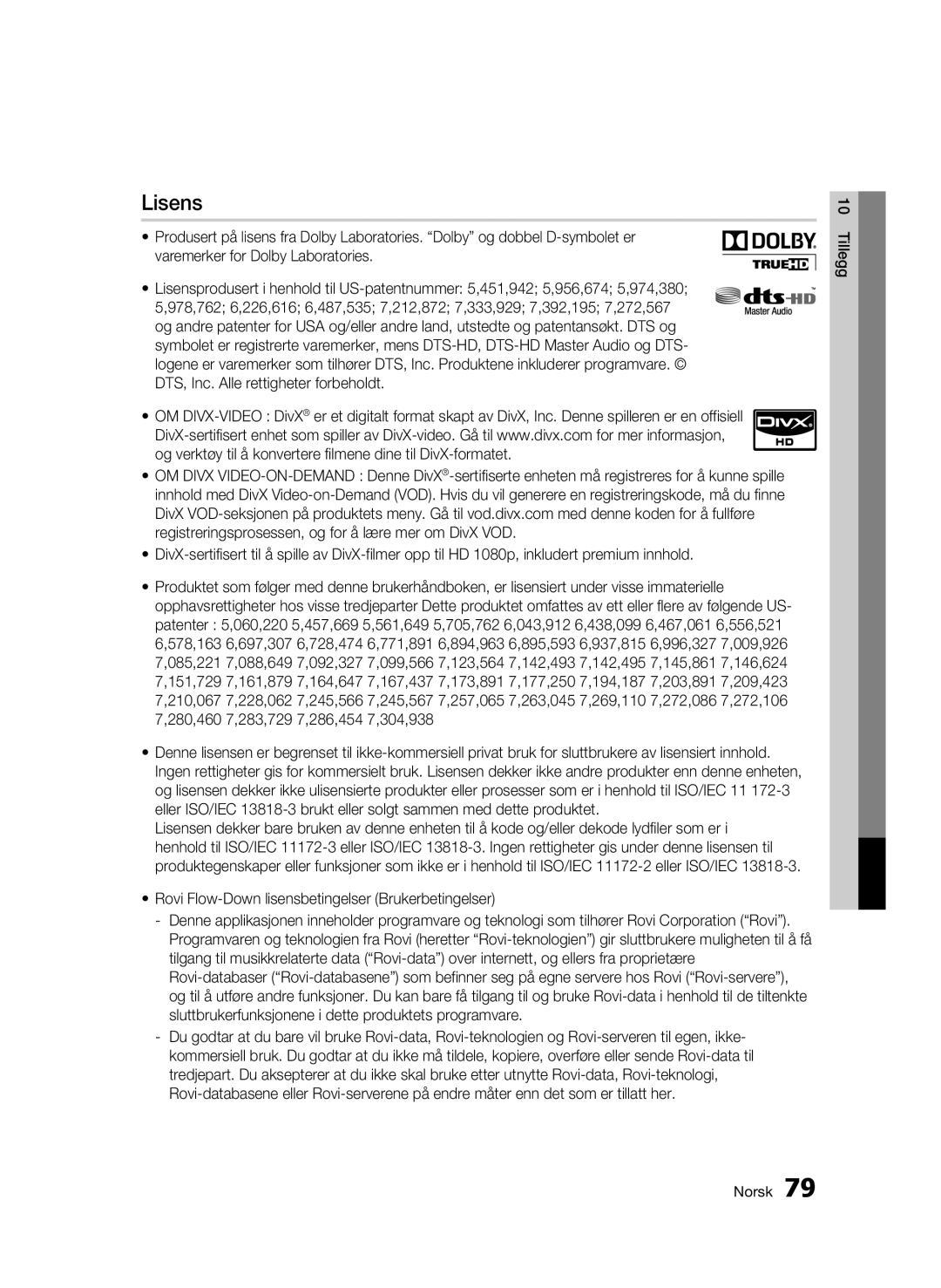 Samsung BD-C8200/XEE, BD-C8500/XEE manual Lisens, Rovi Flow-Down lisensbetingelser Brukerbetingelser 