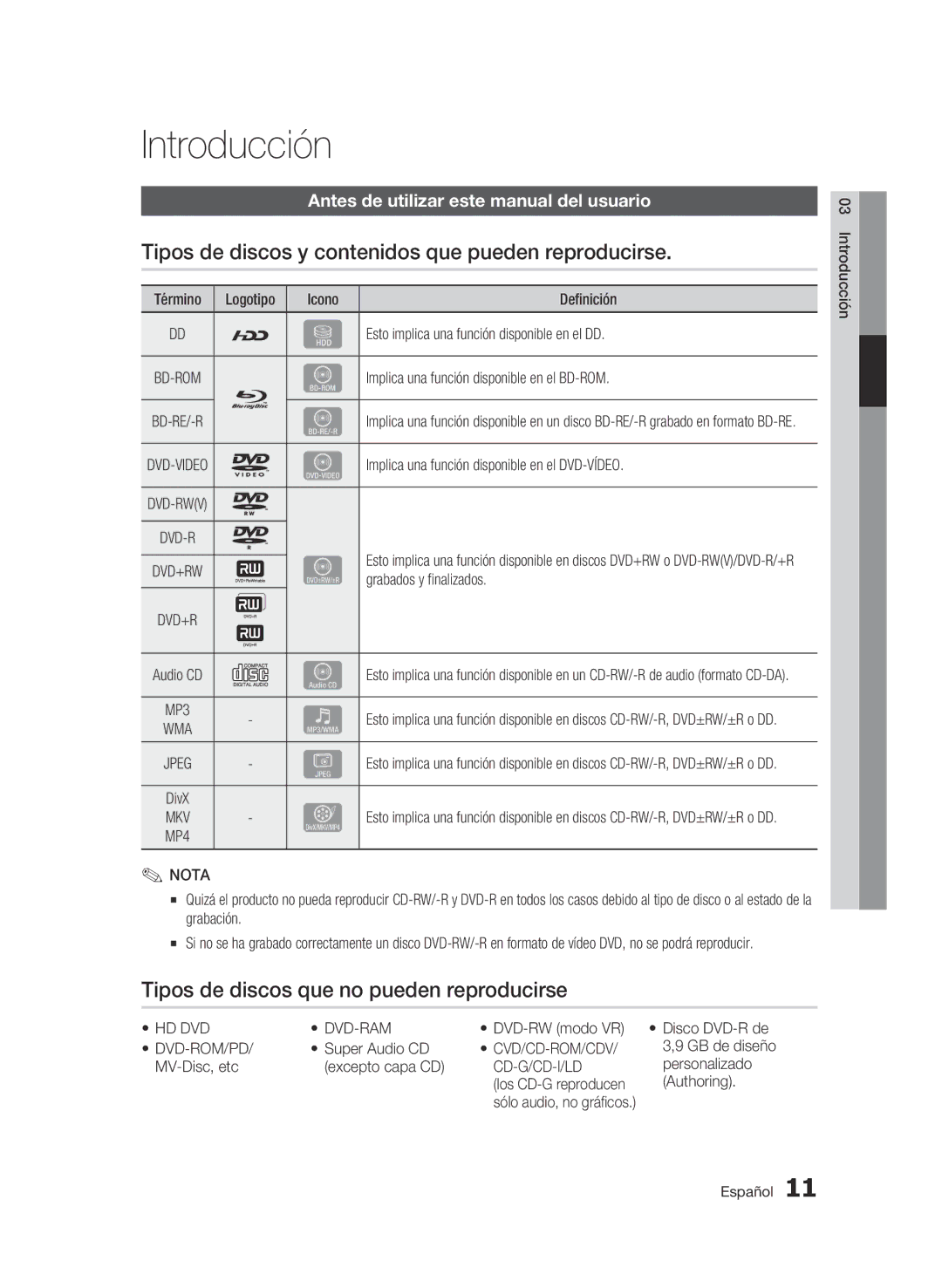 Samsung BD-C8500/XEE, BD-C8500/XEN, BD-C8200/XEF manual Introducción, Tipos de discos y contenidos que pueden reproducirse 