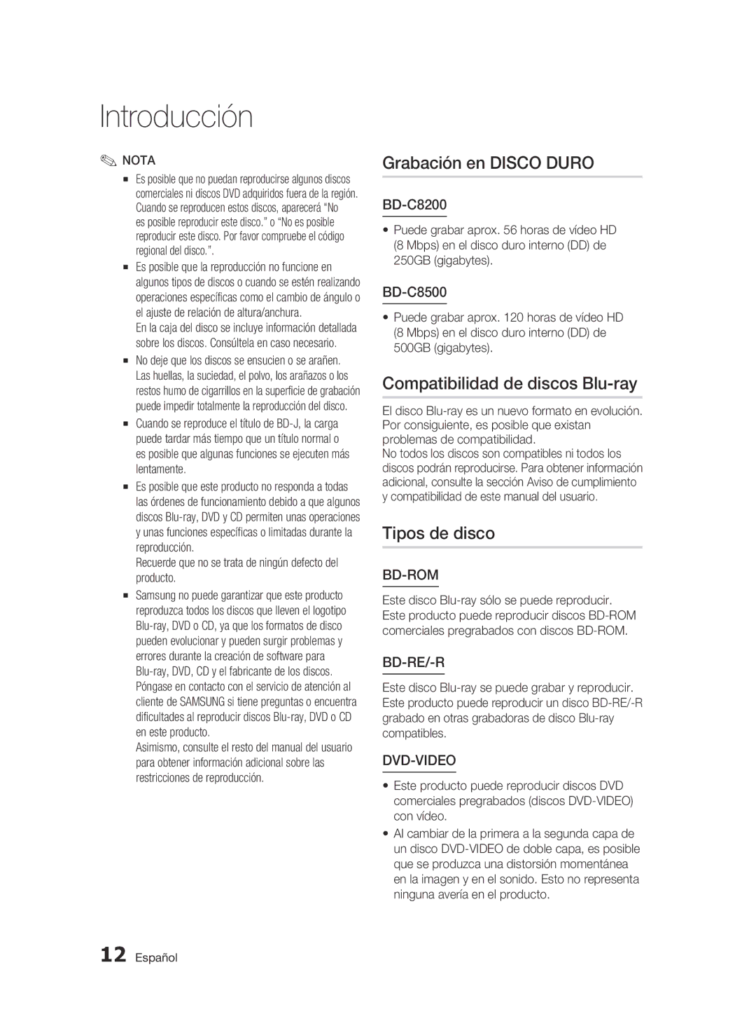 Samsung BD-C8500/XEN, BD-C8200/XEF manual Grabación en Disco Duro, Compatibilidad de discos Blu-ray, Tipos de disco 