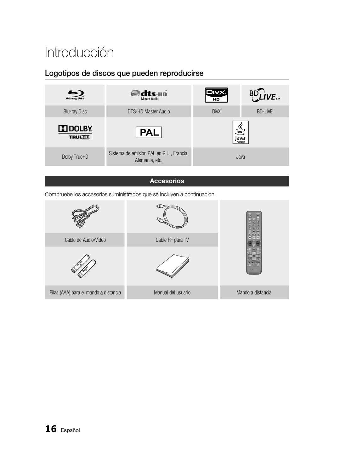 Samsung BD-C8500/XEN, BD-C8200/XEF manual Logotipos de discos que pueden reproducirse, Accesorios, Alemania, etc DivX, Java 