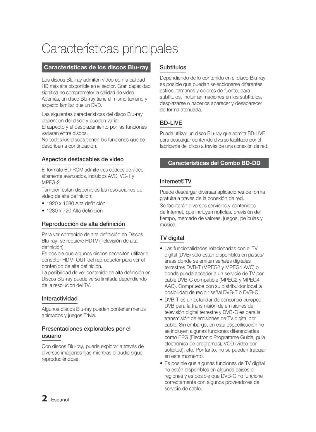 Samsung BD-C8500/XEF Características principales, Características de los discos Blu-ray, Características del Combo BD-DD 