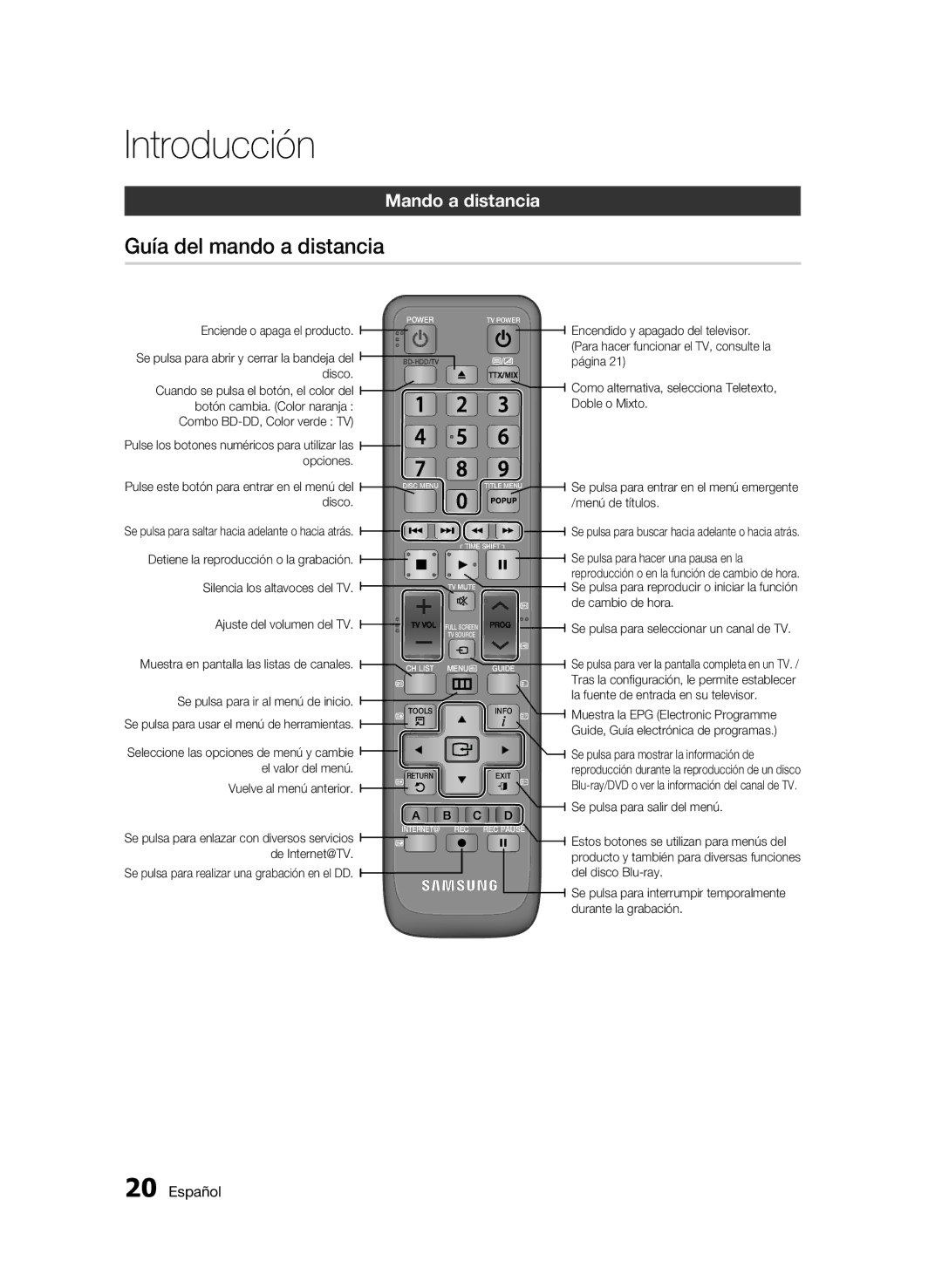 Samsung BD-C8500/XEN manual Guía del mando a distancia, Mando a distancia, Se pulsa para realizar una grabación en el DD 