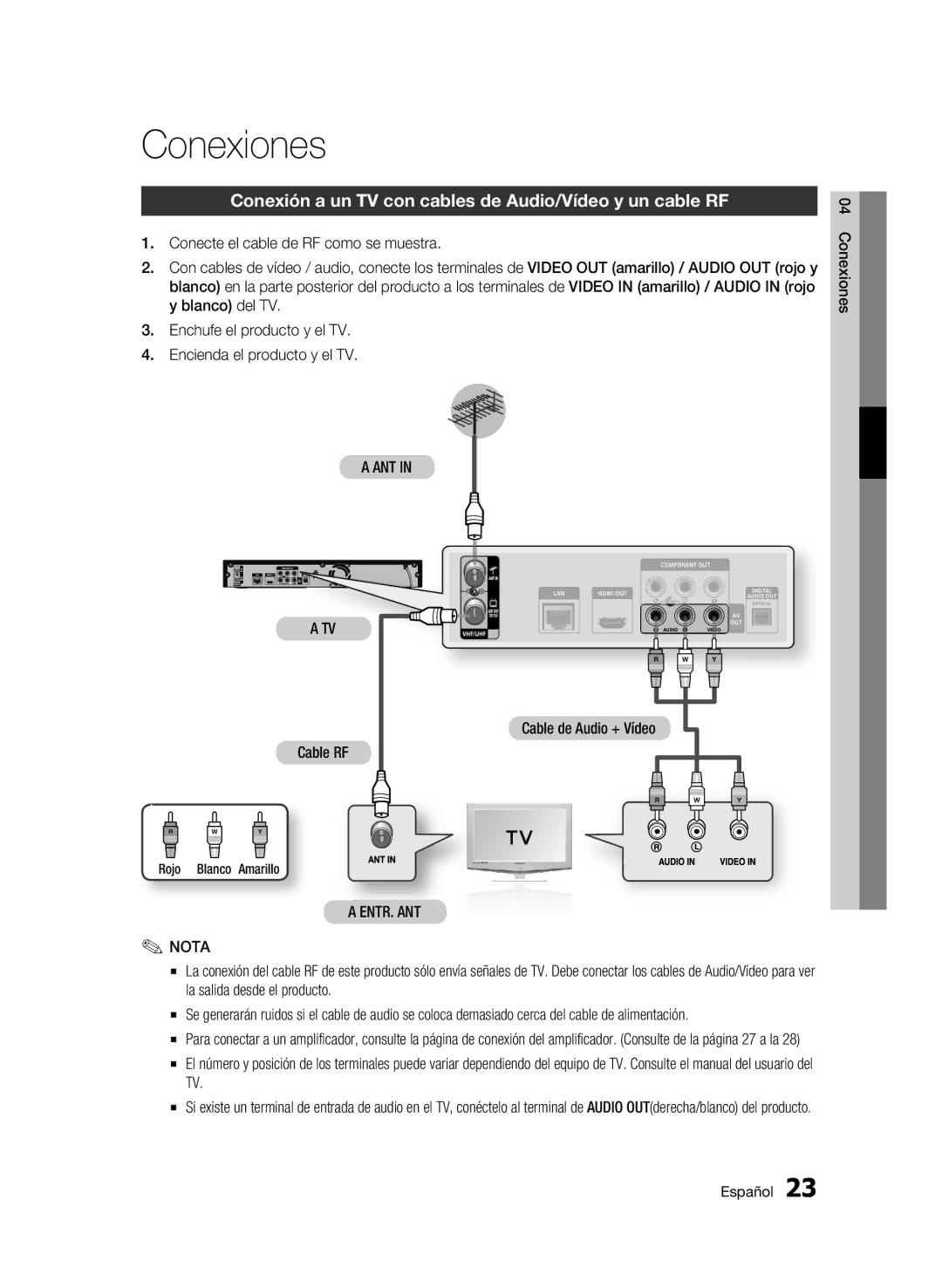 Samsung BD-C8500/XEE manual Conexiones, Conexión a un TV con cables de Audio/Vídeo y un cable RF, Ant, ENTR. ANT Nota 