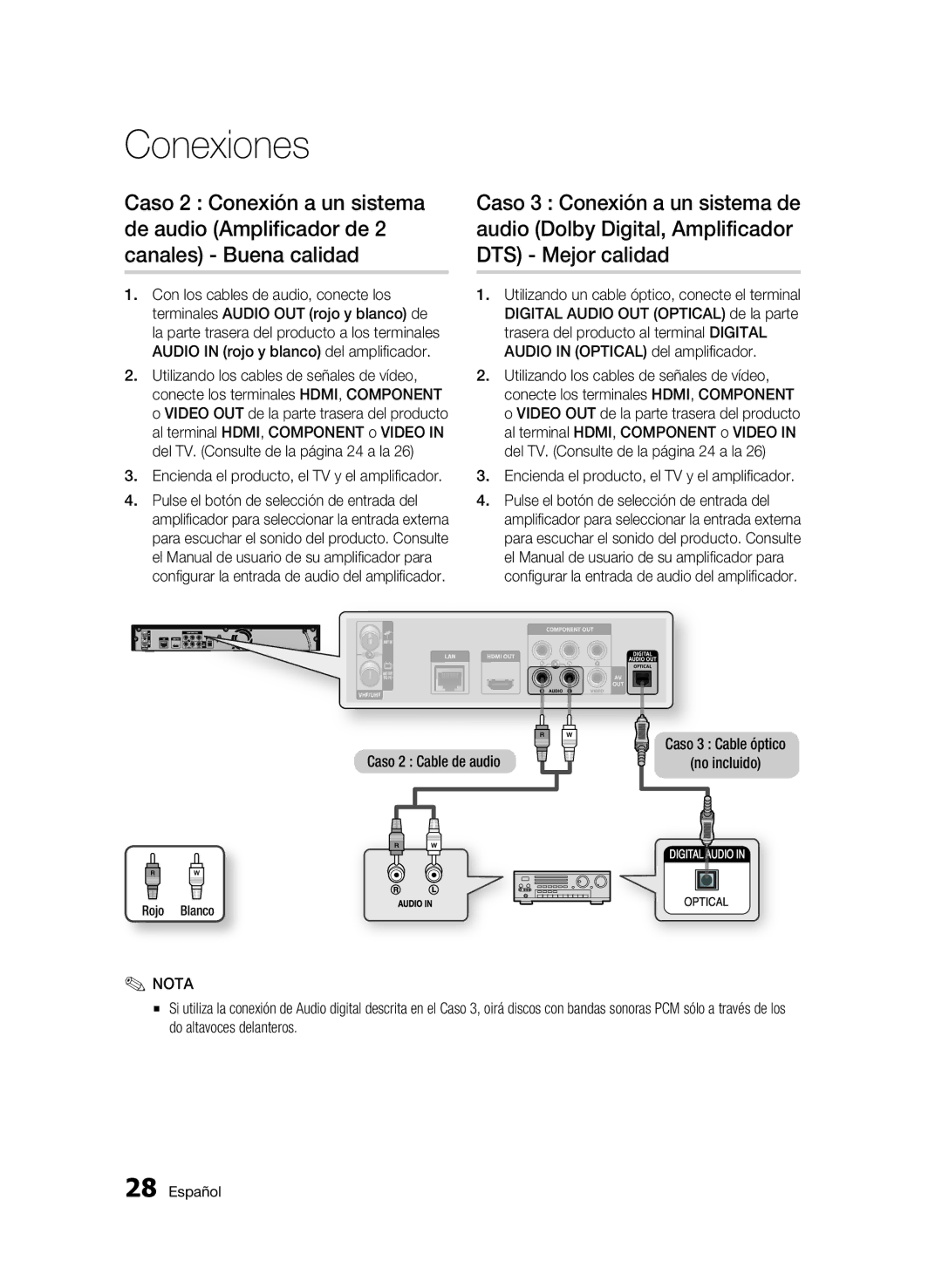 Samsung BD-C8500/XEN, BD-C8200/XEF, BD-C8500/XEF, BD-C8500/XEE manual Caso 2 Cable de audio Caso 3 Cable óptico No incluido 