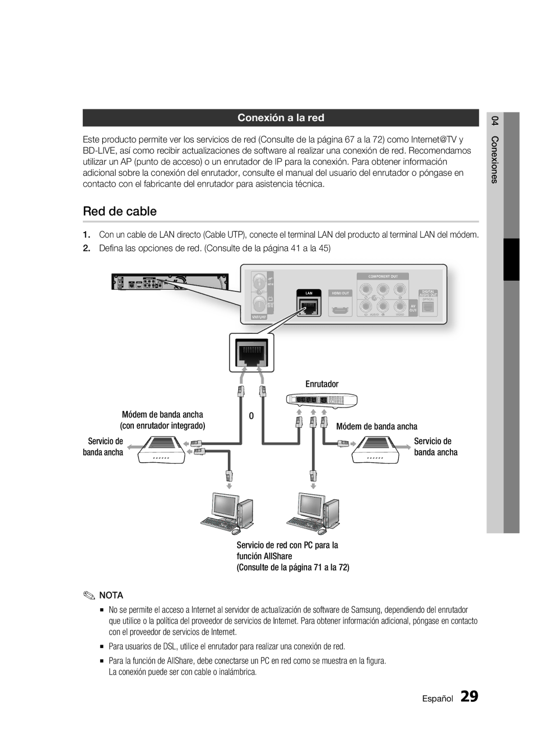 Samsung BD-C8200/XEF, BD-C8500/XEN, BD-C8500/XEF, BD-C8500/XEE manual Red de cable, Conexión a la red 