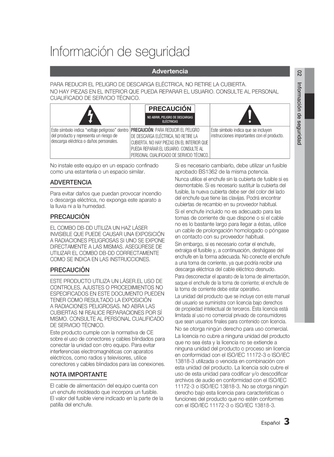 Samsung BD-C8500/XEE, BD-C8500/XEN Información de seguridad, Advertencia, Este símbolo indica voltaje peligroso dentro 