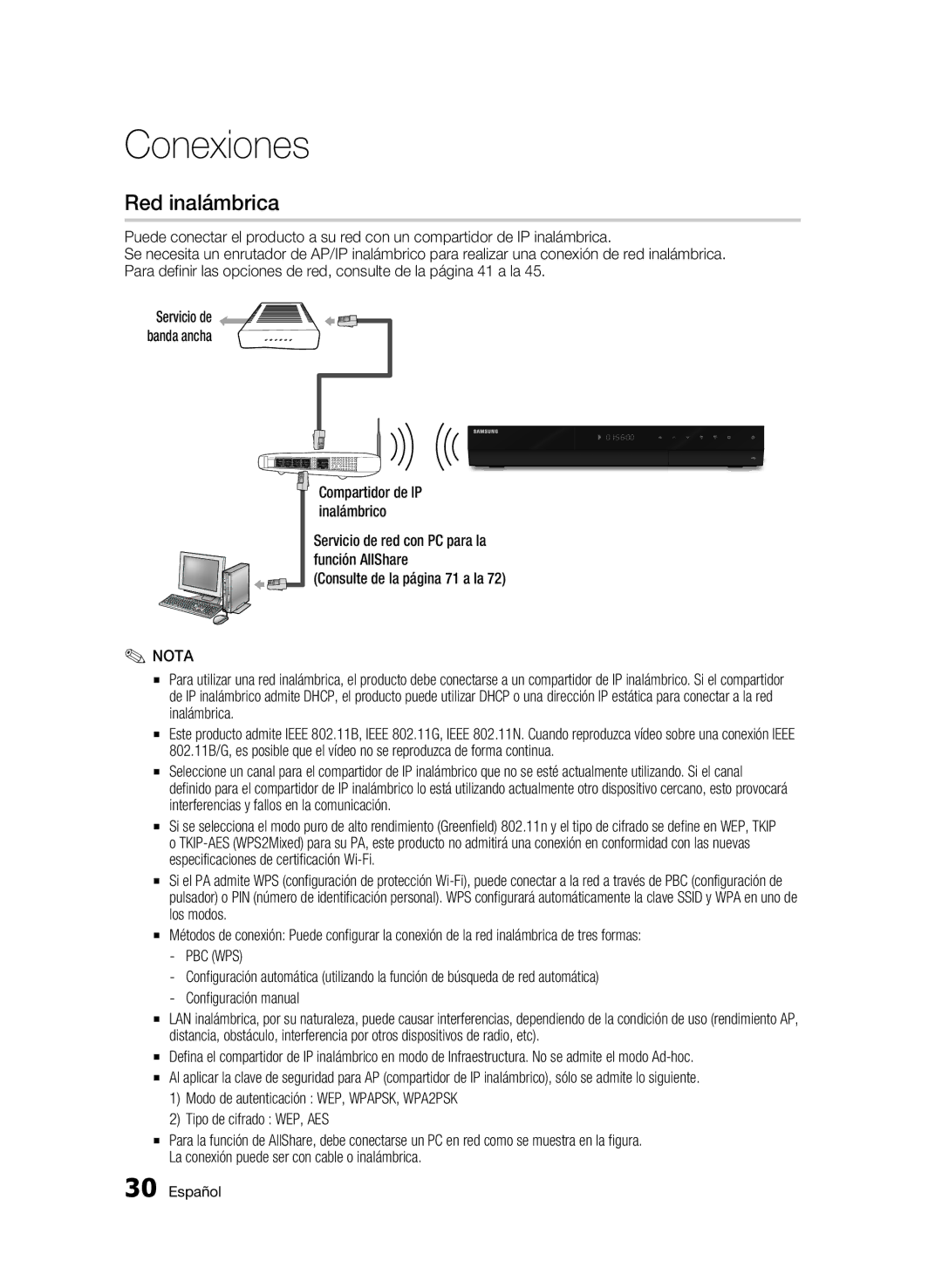 Samsung BD-C8500/XEF, BD-C8500/XEN, BD-C8200/XEF, BD-C8500/XEE manual Red inalámbrica, Pbc Wps, Tipo de cifrado WEP, AES 