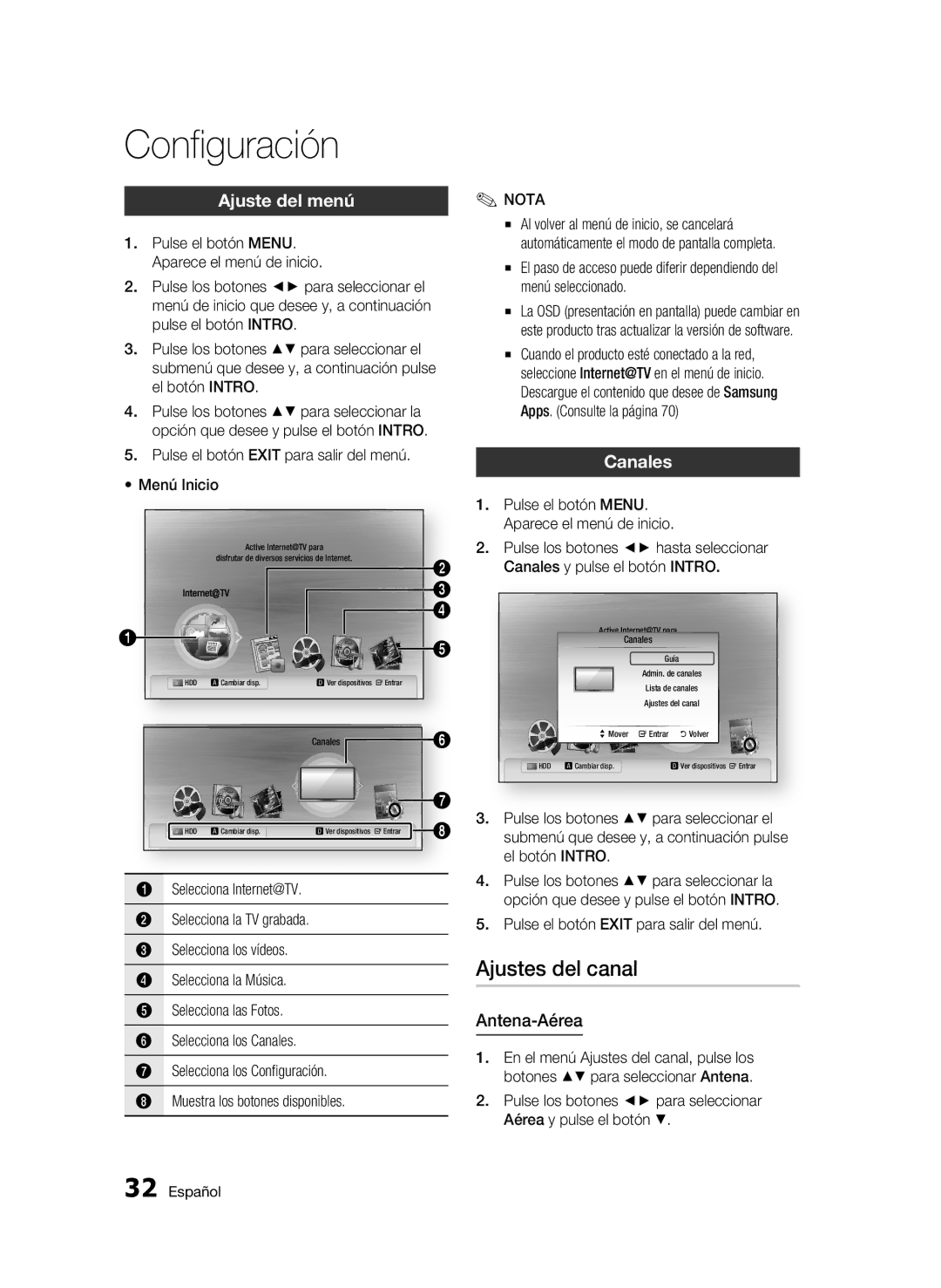 Samsung BD-C8500/XEN, BD-C8200/XEF, BD-C8500/XEF, BD-C8500/XEE Ajustes del canal, Ajuste del menú, Canales, Antena-Aérea 