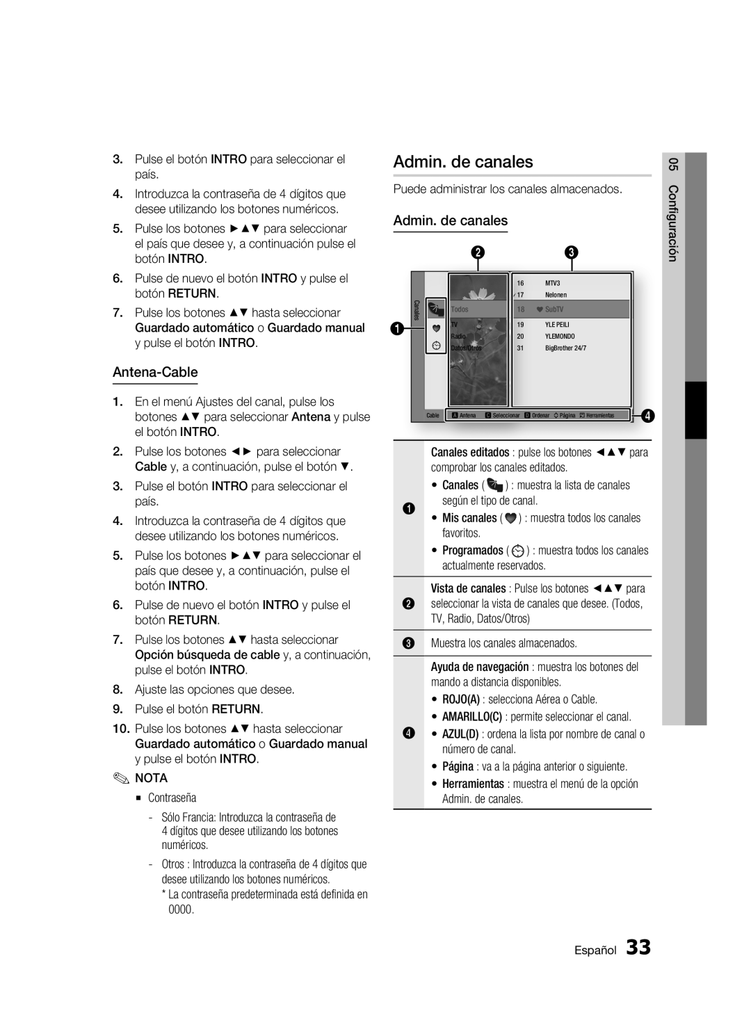 Samsung BD-C8200/XEF, BD-C8500/XEN manual Admin. de canales, Antena-Cable, Pulse el botón Intro para seleccionar el país 