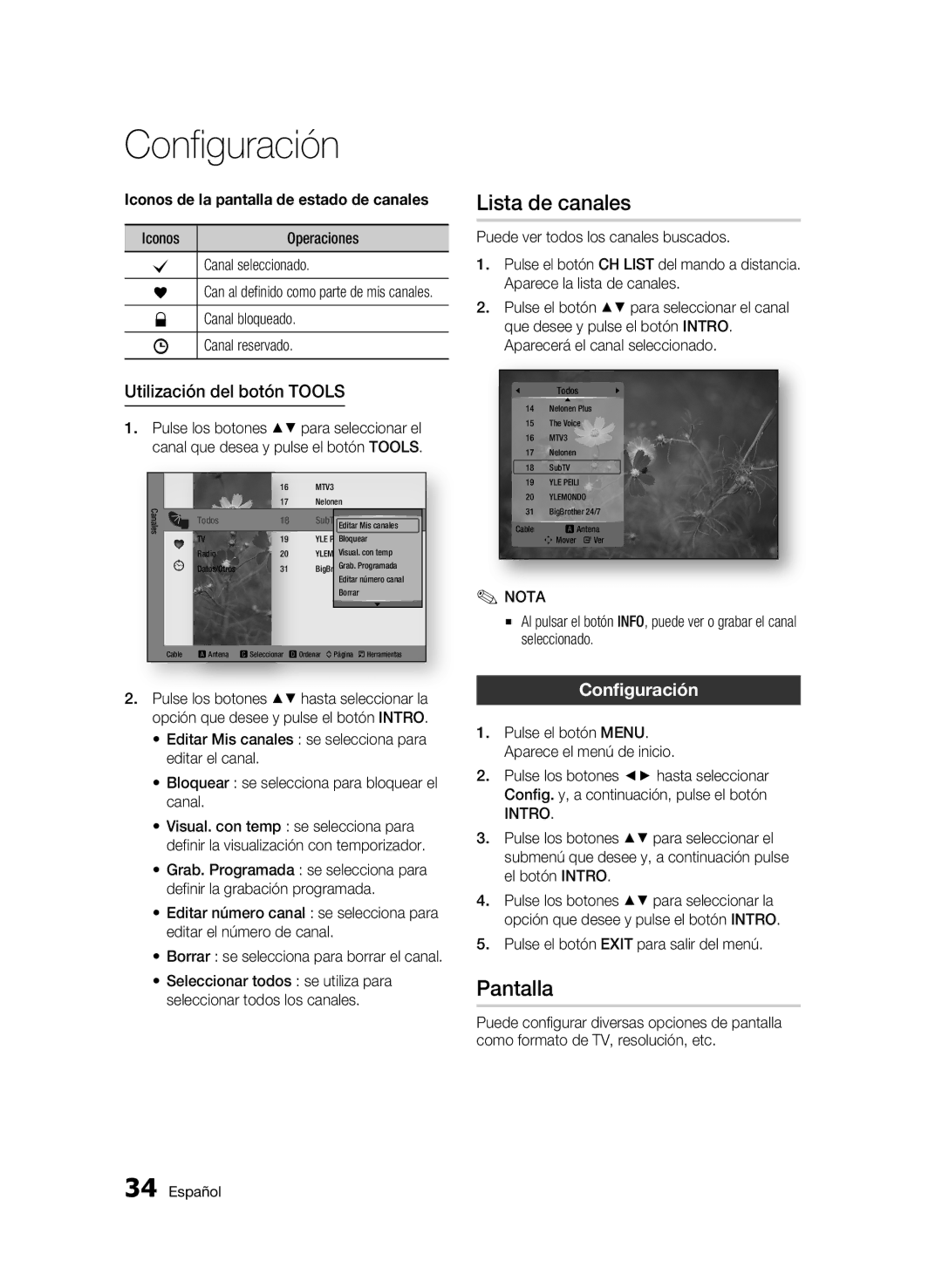 Samsung BD-C8500/XEF, BD-C8500/XEN, BD-C8200/XEF Lista de canales, Pantalla, Utilización del botón Tools, Configuración 