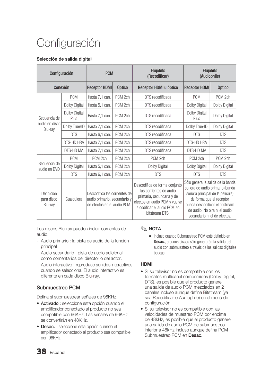 Samsung BD-C8500/XEF, BD-C8500/XEN, BD-C8200/XEF, BD-C8500/XEE manual Submuestreo PCM, Selección de salida digital 