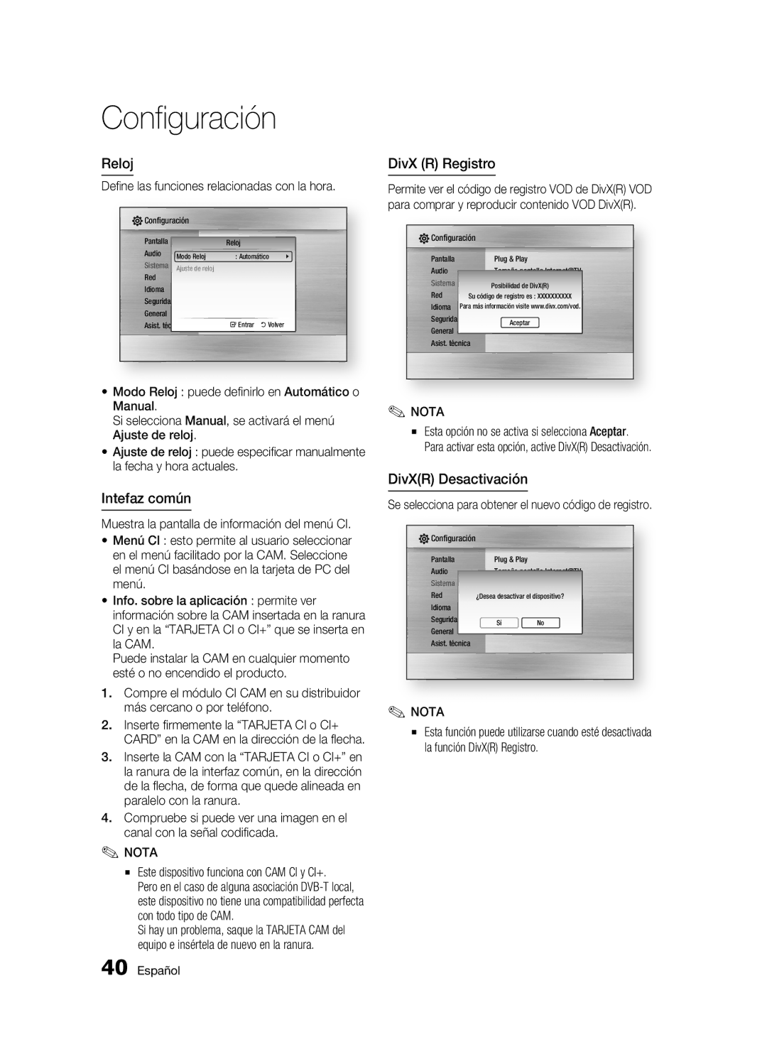 Samsung BD-C8500/XEN, BD-C8200/XEF, BD-C8500/XEF, BD-C8500/XEE Reloj, Intefaz común, DivX R Registro, DivXR Desactivación 