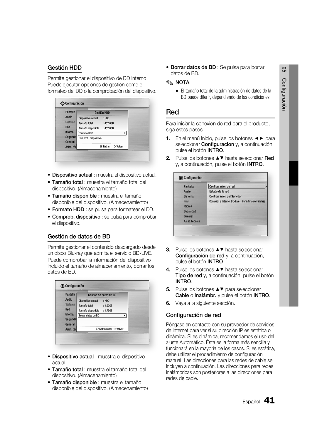 Samsung BD-C8200/XEF, BD-C8500/XEN, BD-C8500/XEF manual Red, Gestión HDD, Gestión de datos de BD, Configuración de red 