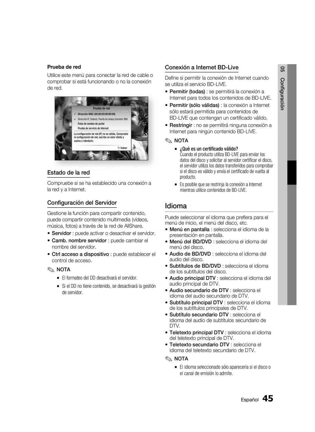 Samsung BD-C8200/XEF Idioma, Estado de la red, Configuración del Servidor, Conexión a Internet BD-Live, Prueba de red 