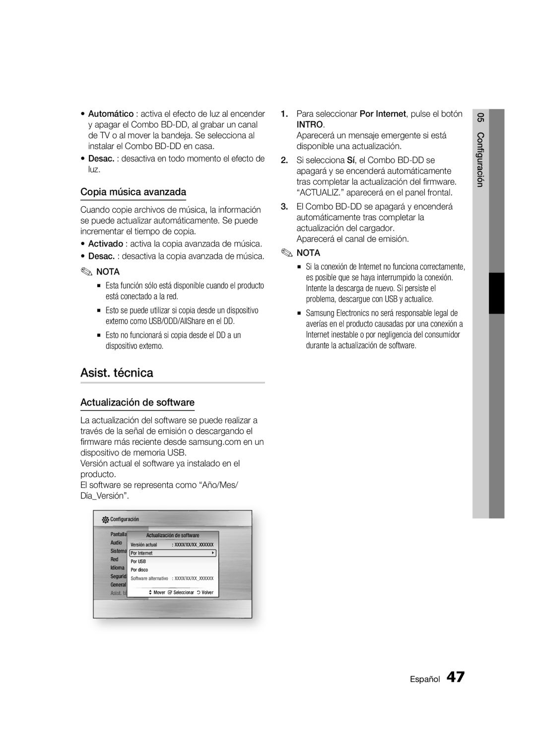 Samsung BD-C8500/XEE, BD-C8500/XEN, BD-C8200/XEF manual Asist. técnica, Copia música avanzada, Actualización de software 