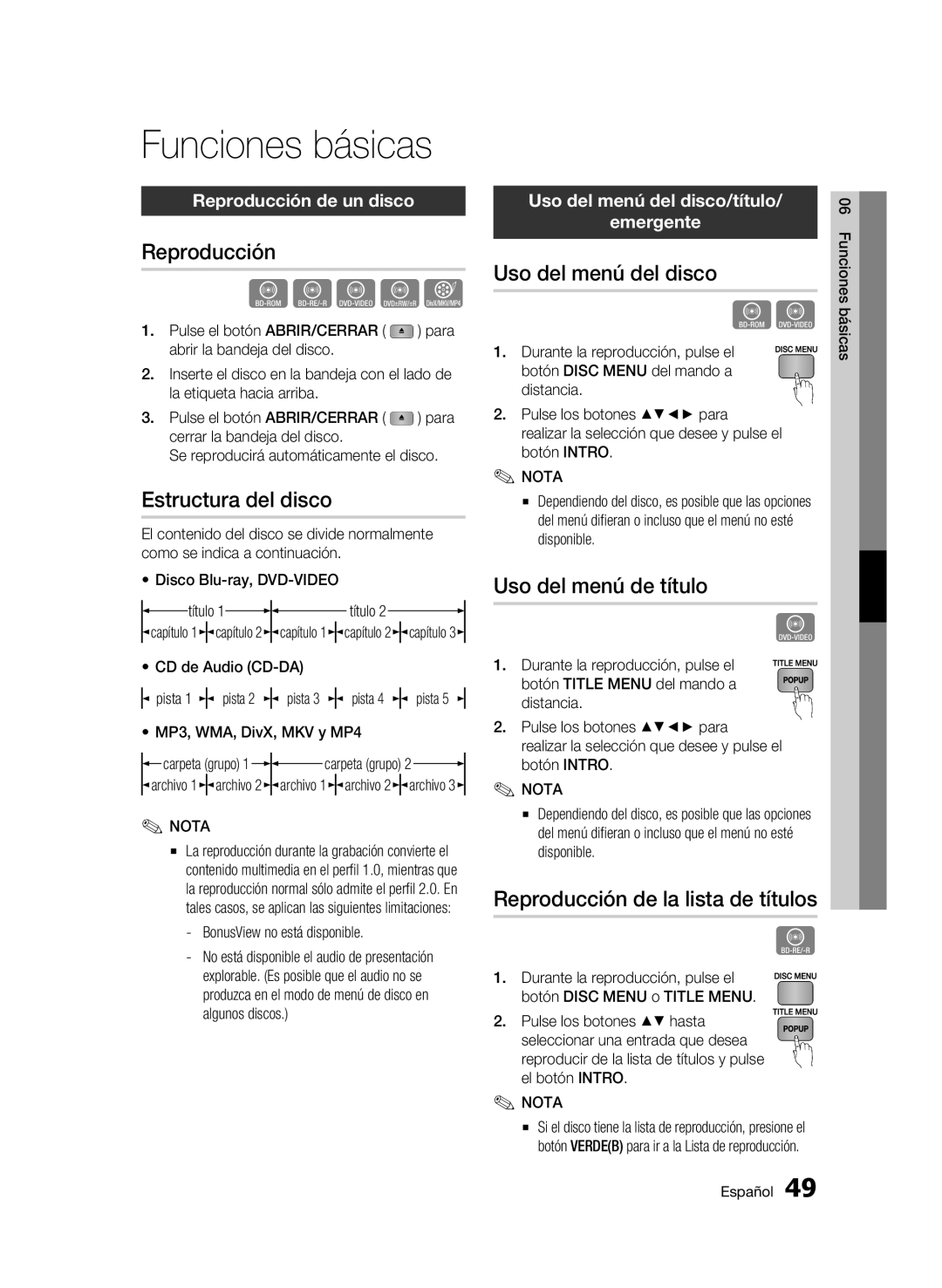 Samsung BD-C8200/XEF, BD-C8500/XEN, BD-C8500/XEF, BD-C8500/XEE manual Funciones básicas 