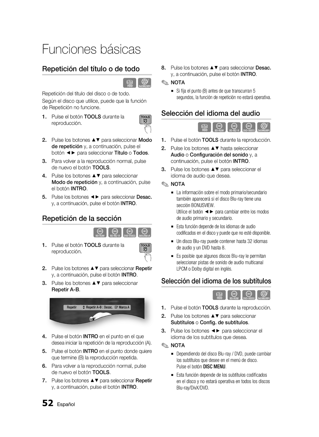 Samsung BD-C8500/XEN manual Repetición del título o de todo, Repetición de la sección, Selección del idioma del audio 