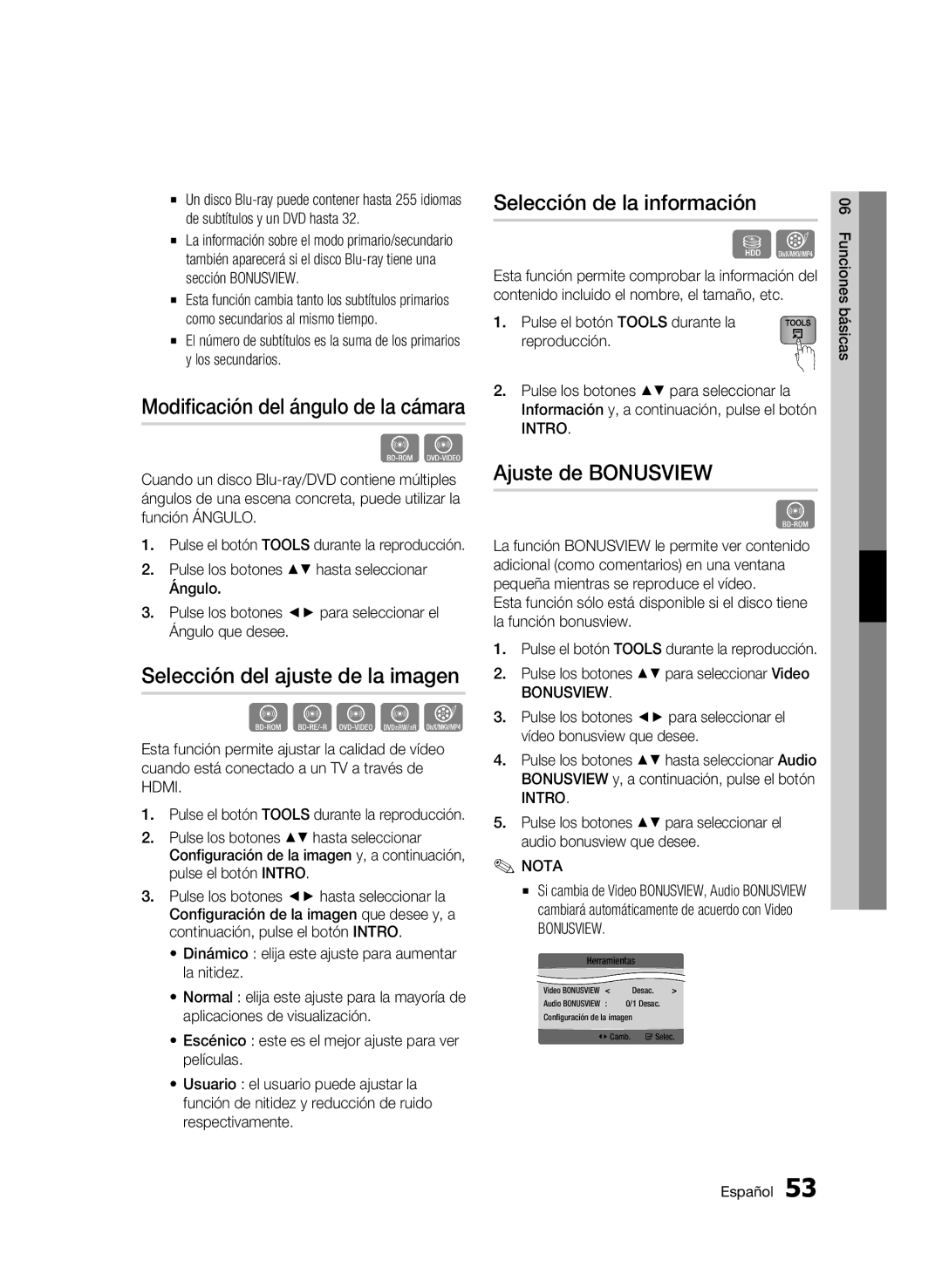 Samsung BD-C8200/XEF, BD-C8500/XEN Selección del ajuste de la imagen, Selección de la información, Ajuste de Bonusview 