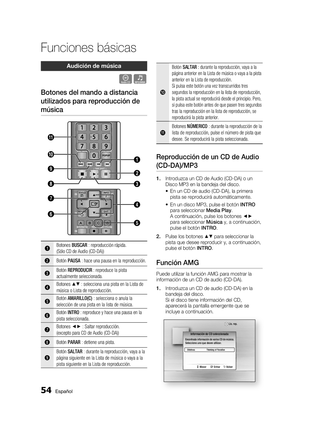 Samsung BD-C8500/XEF, BD-C8500/XEN, BD-C8200/XEF Reproducción de un CD de Audio CD-DA/MP3, Función AMG, Audición de música 