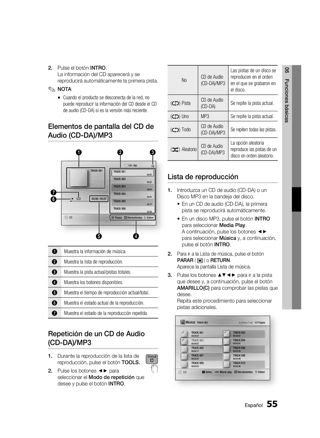 Samsung BD-C8500/XEE manual Elementos de pantalla del CD de Audio CD-DA/MP3, Repetición de un CD de Audio CD-DA/MP3, Cd-Da 