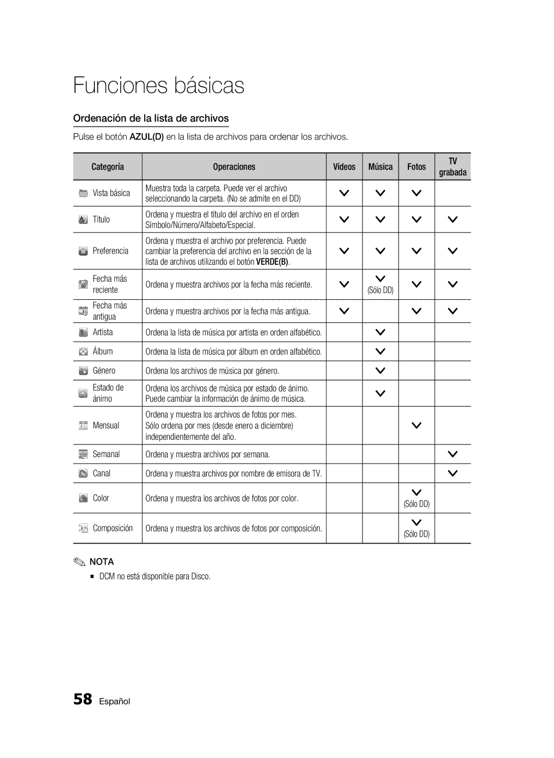 Samsung BD-C8500/XEF, BD-C8500/XEN, BD-C8200/XEF, BD-C8500/XEE manual Ordenación de la lista de archivos 