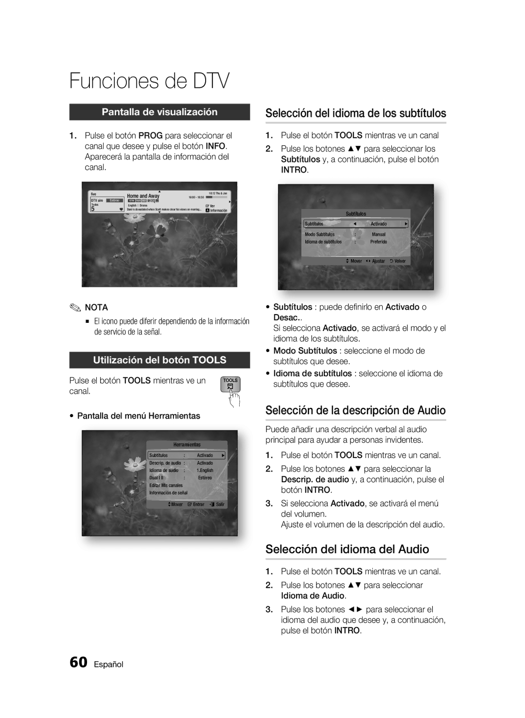 Samsung BD-C8500/XEN, BD-C8200/XEF manual Funciones de DTV, Selección de la descripción de Audio, Pantalla de visualización 