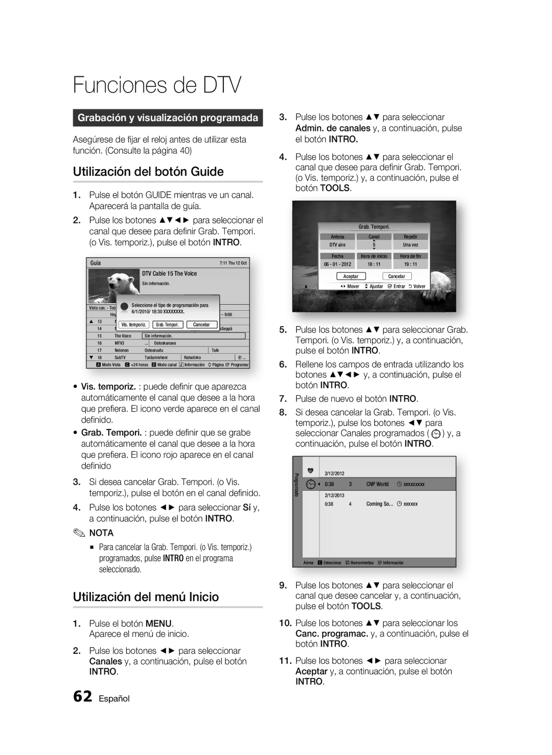 Samsung BD-C8500/XEF manual Utilización del botón Guide, Utilización del menú Inicio, Grabación y visualización programada 