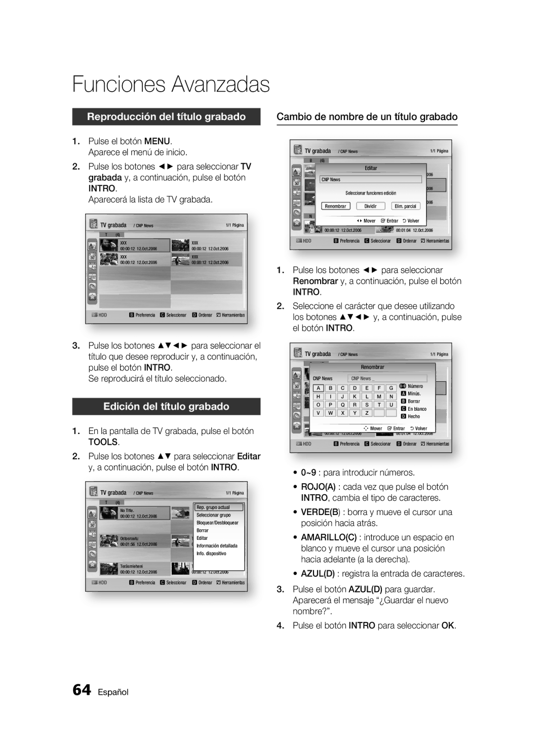 Samsung BD-C8500/XEN, BD-C8200/XEF, BD-C8500/XEF, BD-C8500/XEE Reproducción del título grabado, Edición del título grabado 