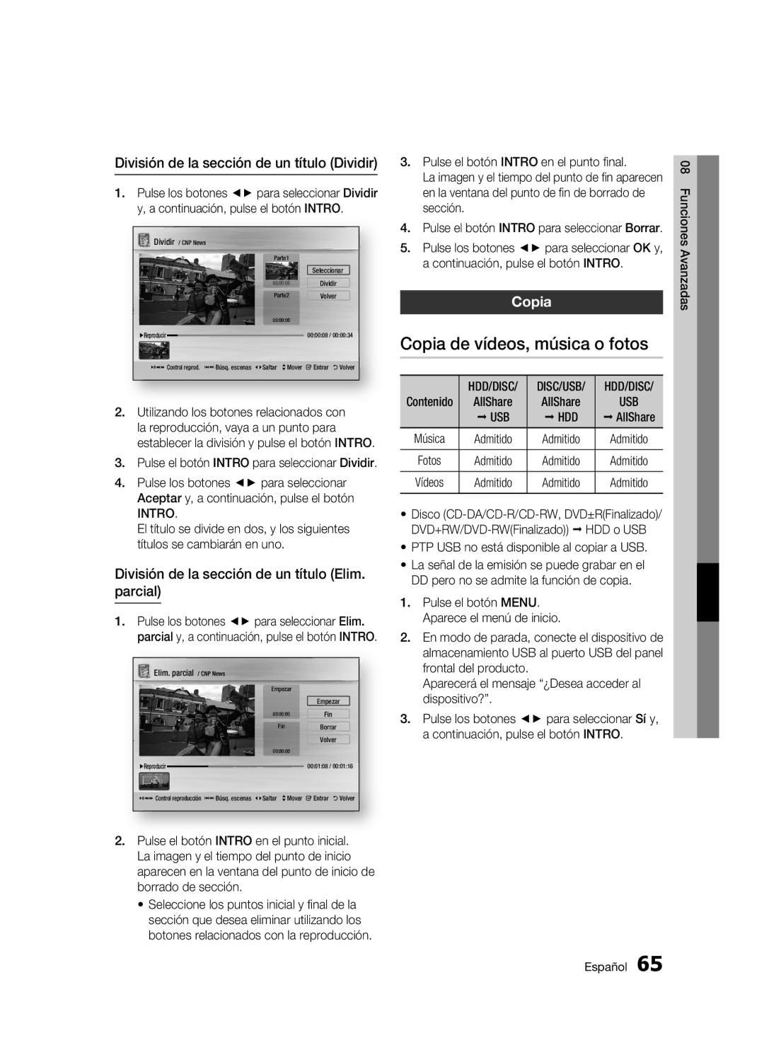 Samsung BD-C8200/XEF, BD-C8500/XEN Copia de vídeos, música o fotos, División de la sección de un título Dividir, Usb Hdd 