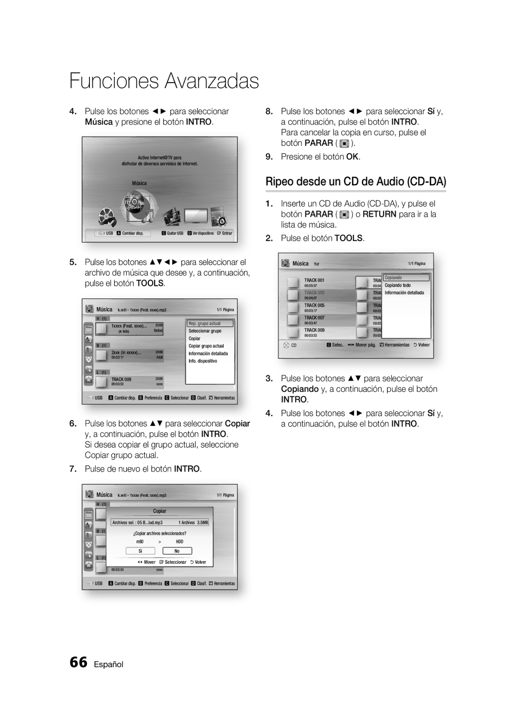 Samsung BD-C8500/XEF, BD-C8500/XEN, BD-C8200/XEF, BD-C8500/XEE manual Ripeo desde un CD de Audio CD-DA, MusicMúsica 