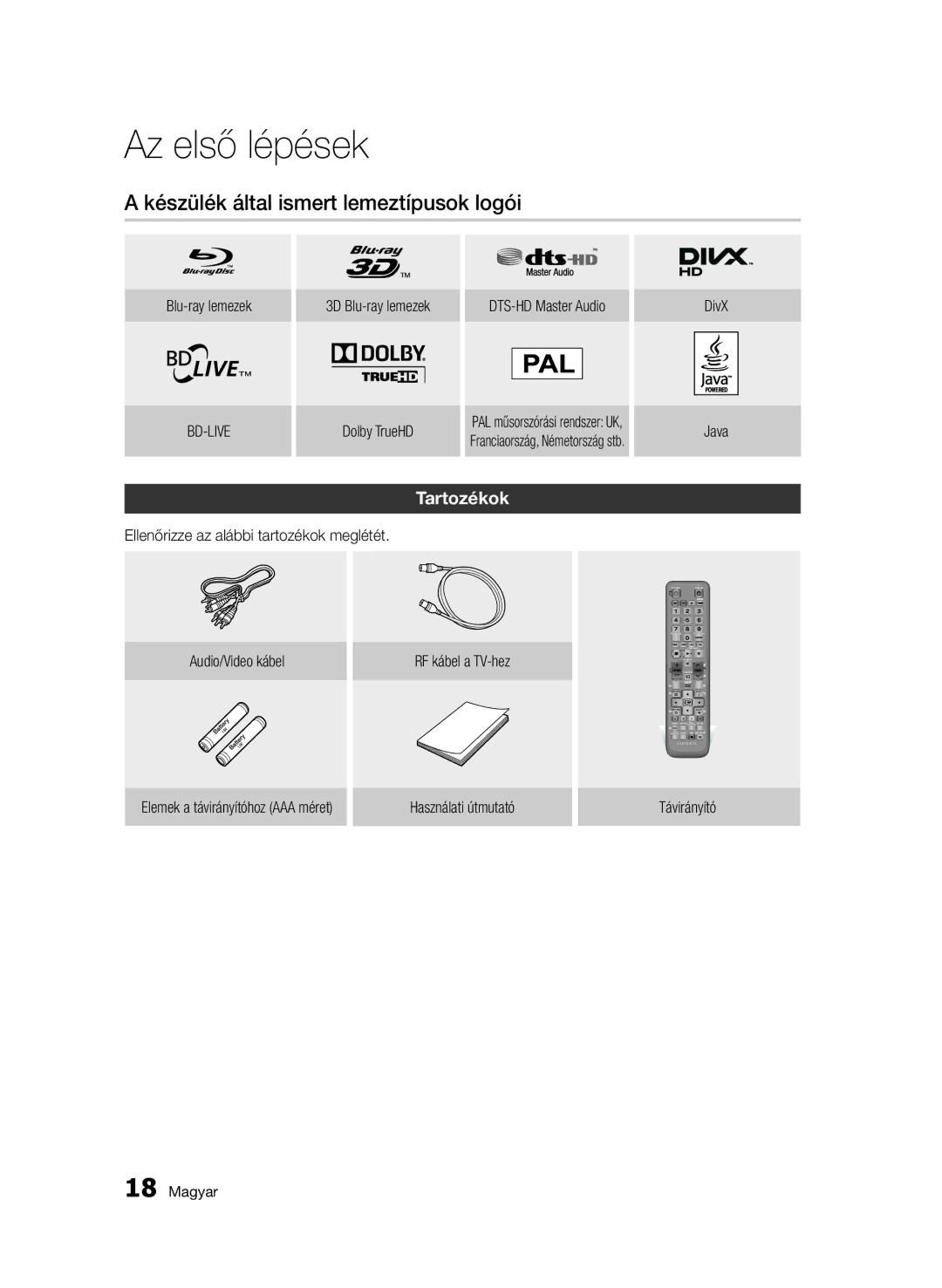 Samsung BD-D8900/EN, BD-C8900/EDC, BD-C8900/XEF, BD-C8900/XEE manual Készülék által ismert lemeztípusok logói, Tartozékok 