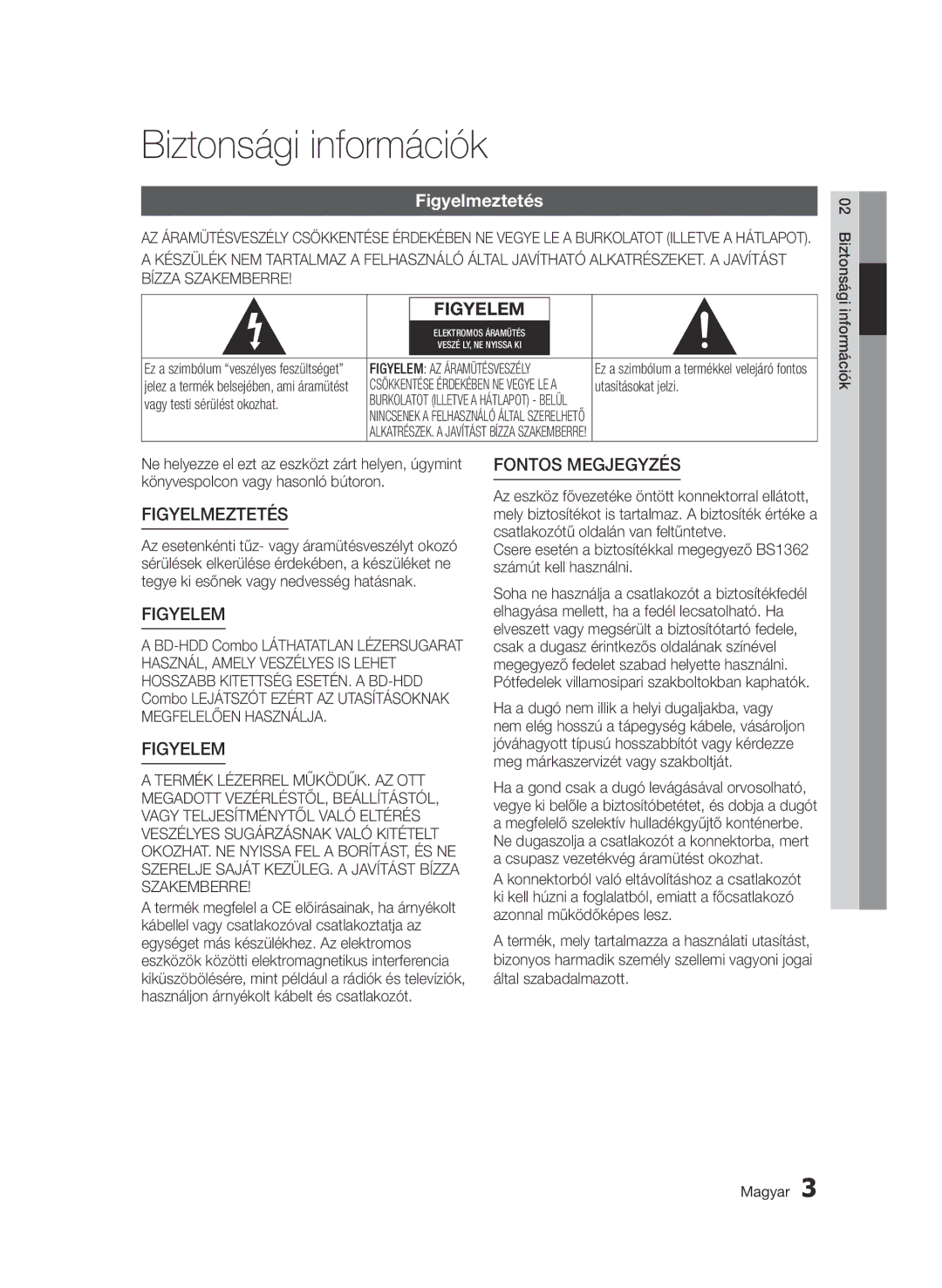 Samsung BD-C8900/XEE, BD-C8900/EDC, BD-C8900/XEF, BD-D8900/EN manual Biztonsági információk, Figyelmeztetés 