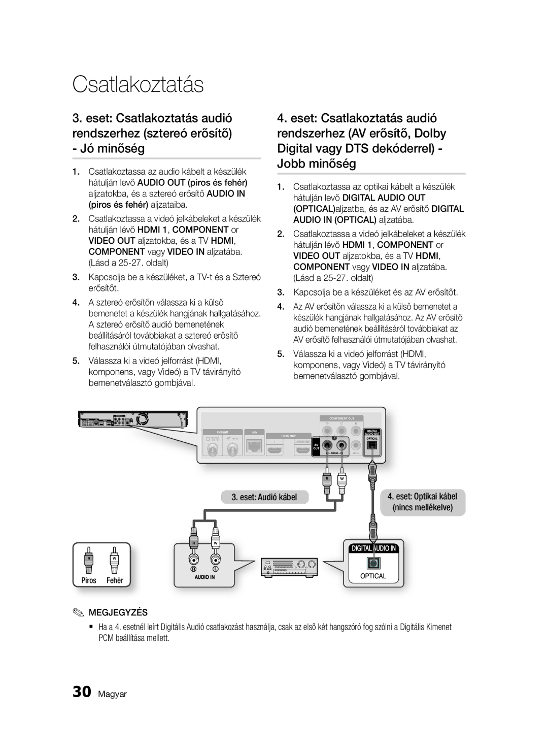 Samsung BD-D8900/EN, BD-C8900/EDC, BD-C8900/XEF, BD-C8900/XEE manual Csatlakoztatás, Eset Audió kábel 