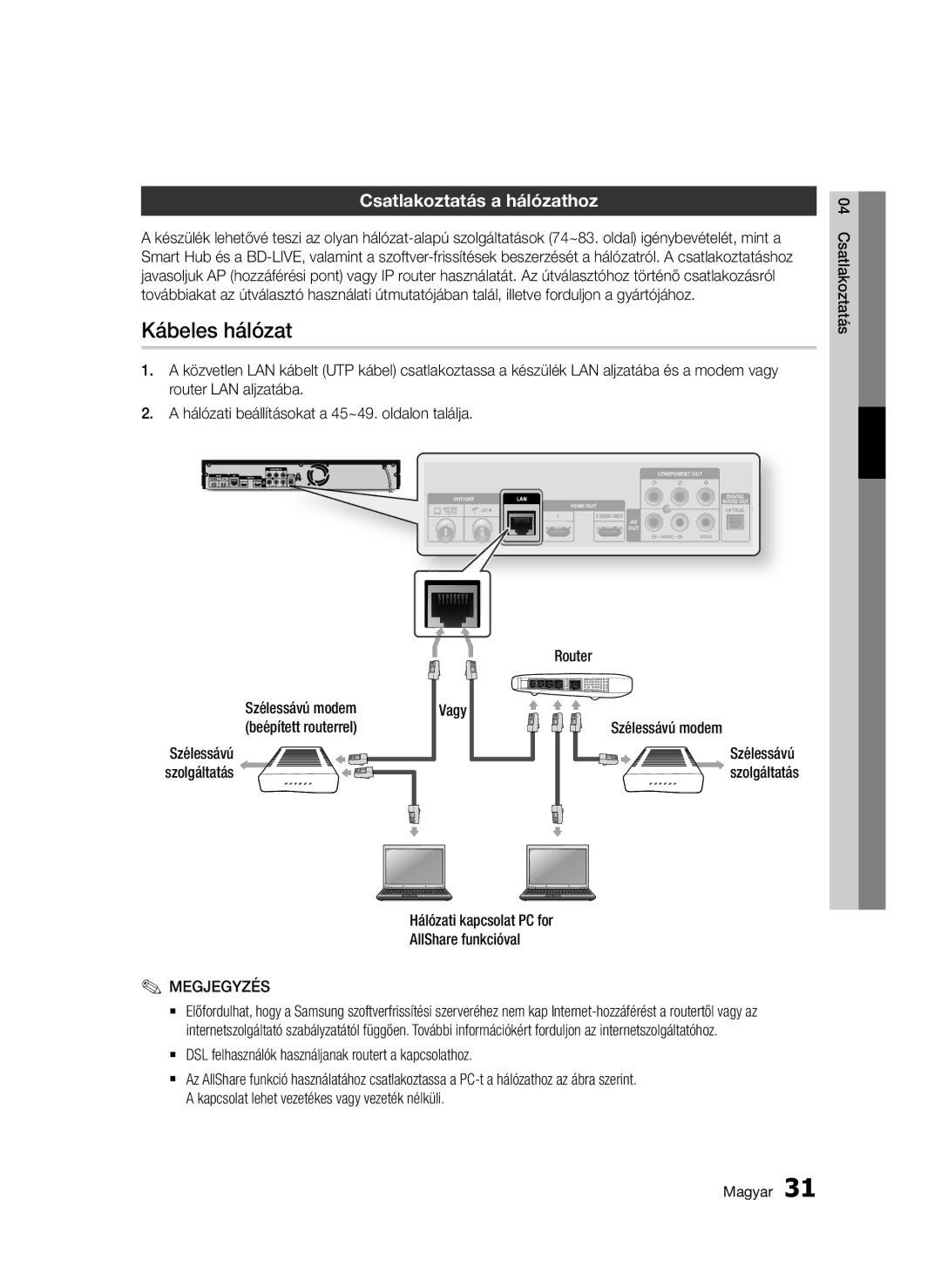 Samsung BD-C8900/XEE manual Kábeles hálózat, Csatlakoztatás a hálózathoz, Hálózati kapcsolat PC for AllShare funkcióval 