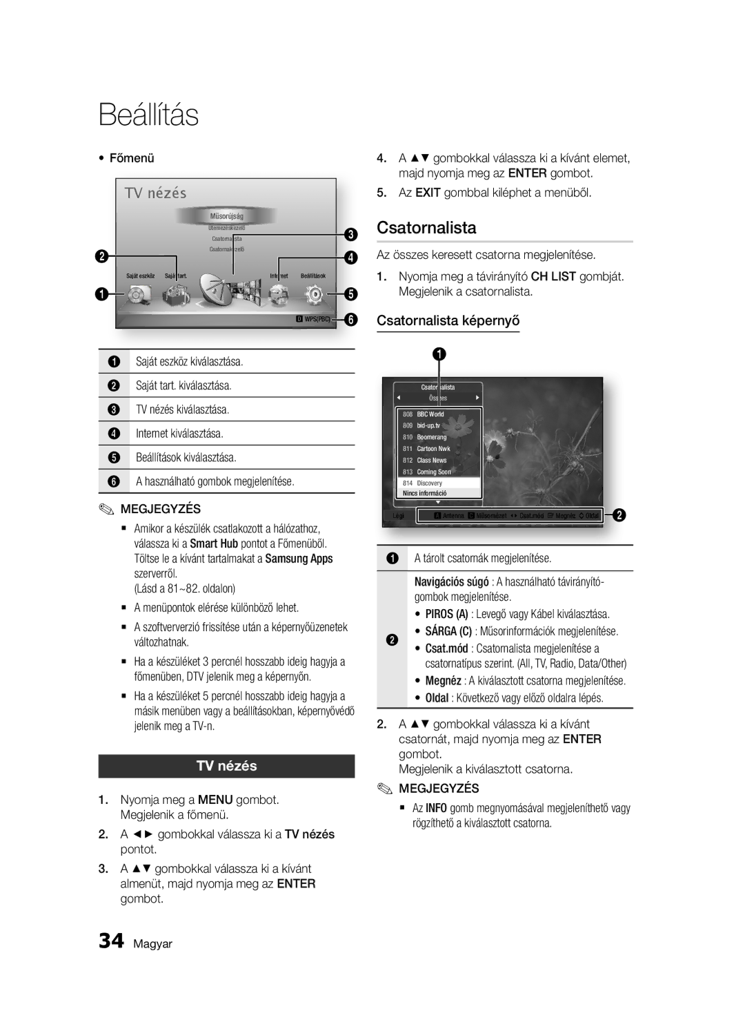 Samsung BD-D8900/EN, BD-C8900/EDC, BD-C8900/XEF, BD-C8900/XEE manual TV nézés, Csatornalista képernyő, Főmenü 