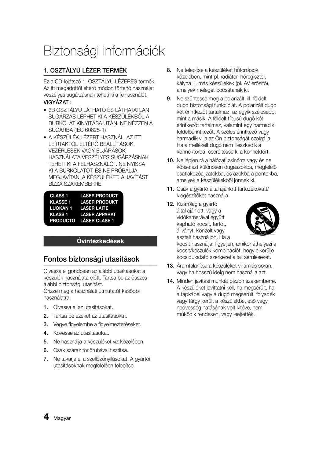 Samsung BD-C8900/EDC, BD-C8900/XEF, BD-D8900/EN, BD-C8900/XEE manual Fontos biztonsági utasítások, Óvintézkedések 