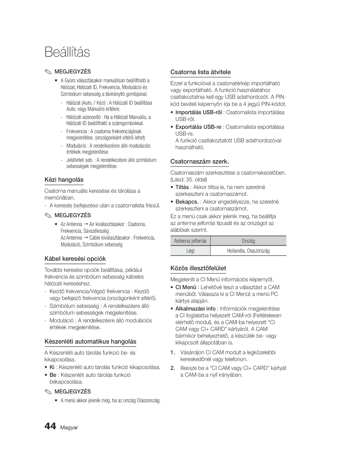 Samsung BD-C8900/EDC manual Kézi hangolás, Kábel keresési opciók, Készenléti automatikus hangolás, Csatorna lista átvitele 