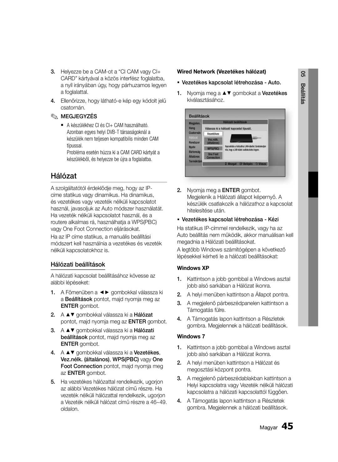 Samsung BD-C8900/XEF, BD-C8900/EDC, BD-D8900/EN manual Hálózati beállítások, Wired Network Vezetékes hálózat, Windows XP 