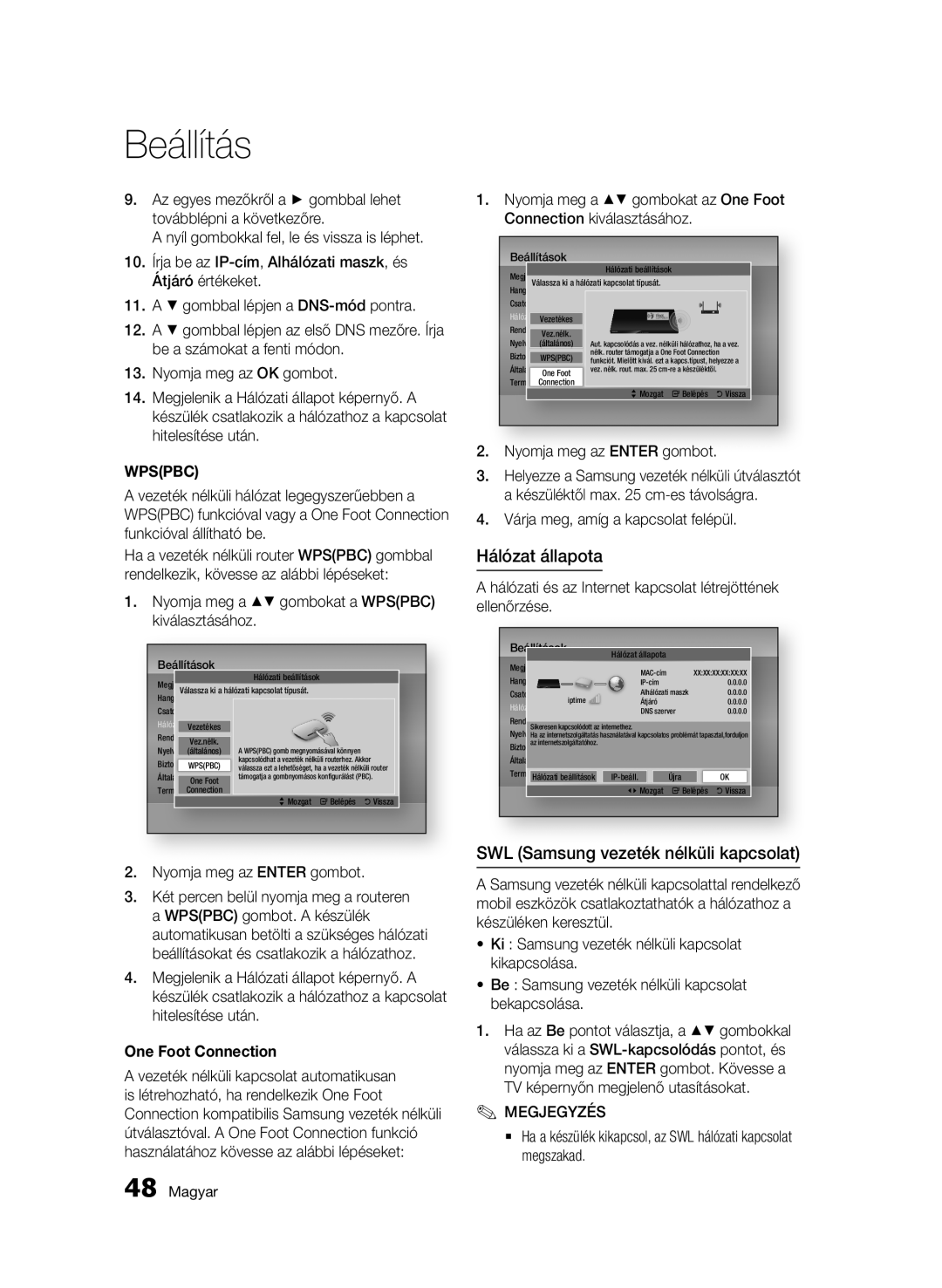 Samsung BD-C8900/EDC, BD-C8900/XEF manual Hálózat állapota, SWL Samsung vezeték nélküli kapcsolat, One Foot Connection 