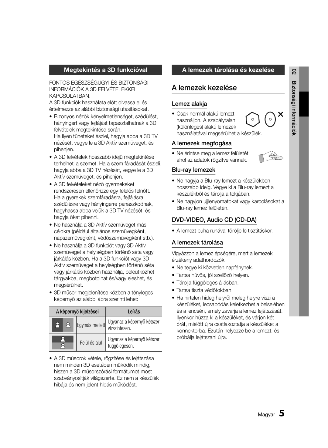 Samsung BD-C8900/XEF, BD-C8900/EDC, BD-D8900/EN Lemezek kezelése, Megtekintés a 3D funkcióval, Lemezek tárolása és kezelése 