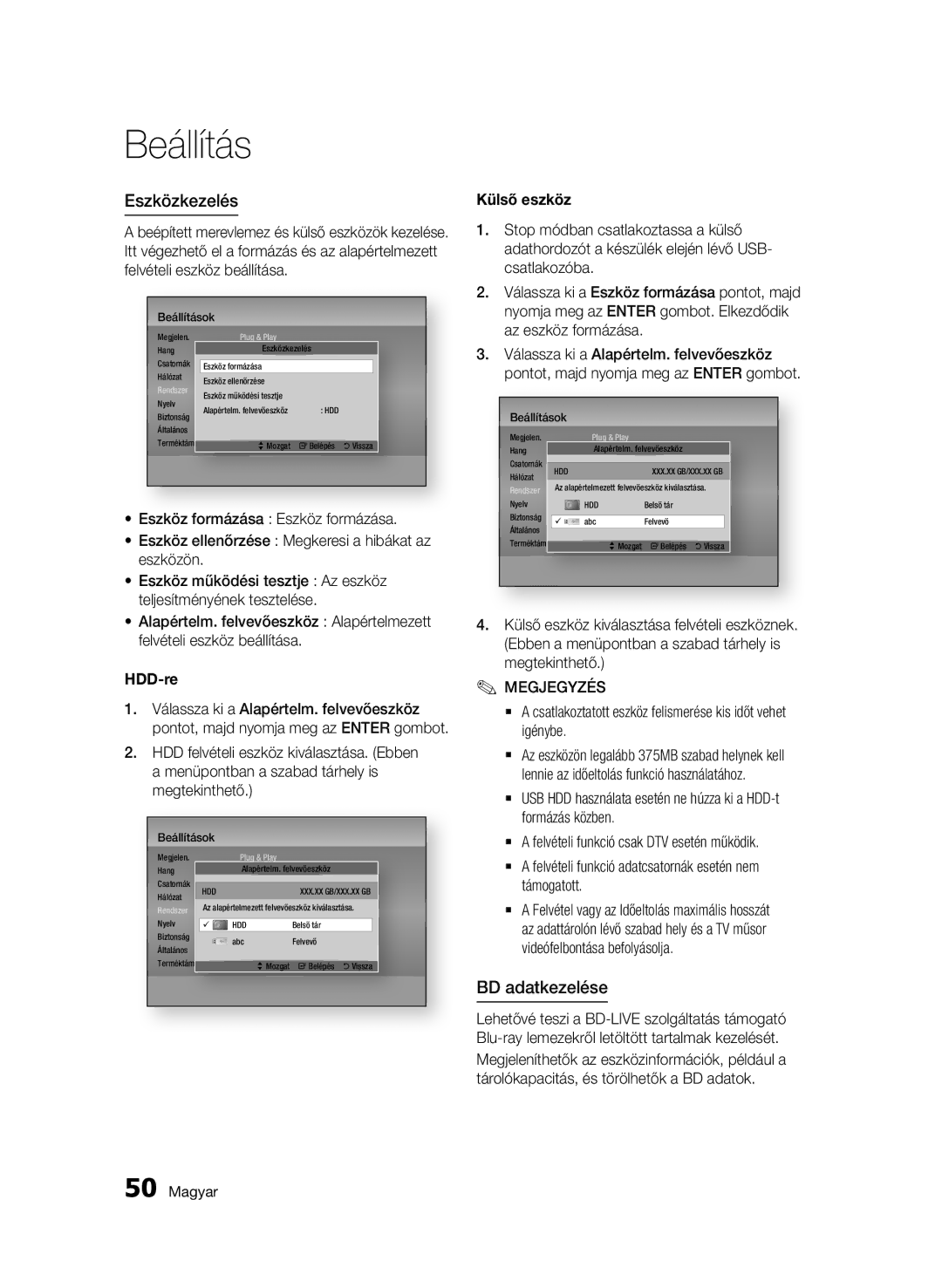 Samsung BD-D8900/EN, BD-C8900/EDC, BD-C8900/XEF manual Eszközkezelés, BD adatkezelése, HDD-re, Külső eszköz, Támogatott 