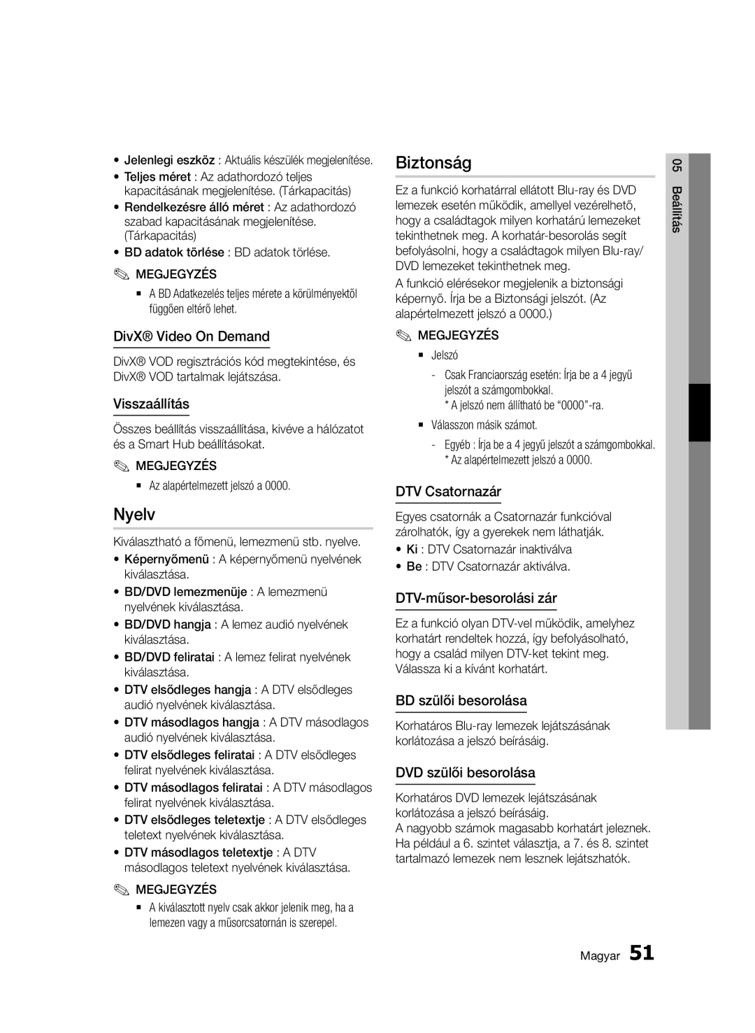 Samsung BD-C8900/XEE, BD-C8900/EDC, BD-C8900/XEF, BD-D8900/EN manual Nyelv, Biztonság 