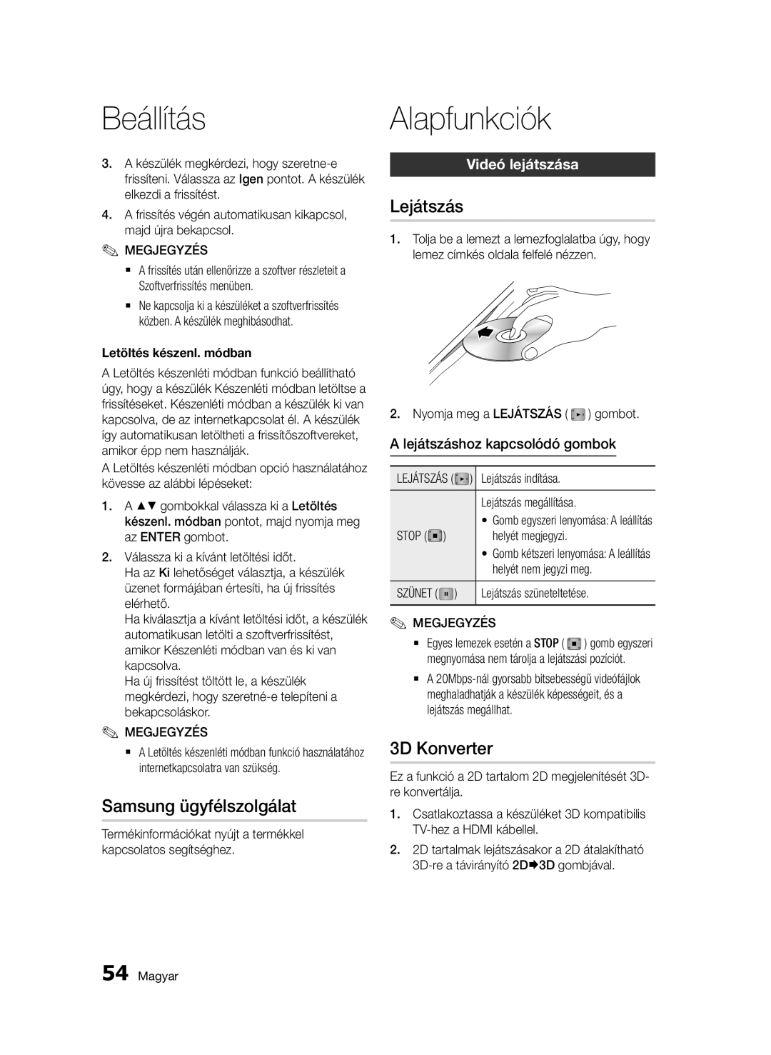 Samsung BD-D8900/EN, BD-C8900/EDC manual Alapfunkciók, Samsung ügyfélszolgálat, Lejátszás, 3D Konverter, Videó lejátszása 