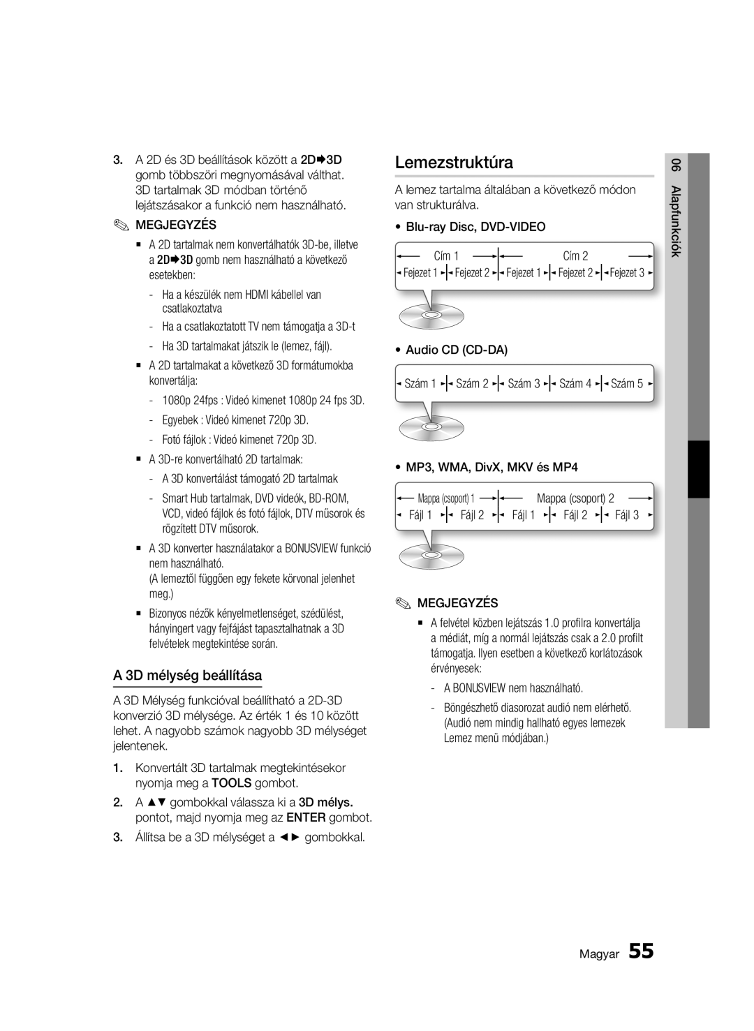 Samsung BD-C8900/XEE, BD-C8900/EDC, BD-C8900/XEF, BD-D8900/EN manual Lemezstruktúra, 3D mélység beállítása 